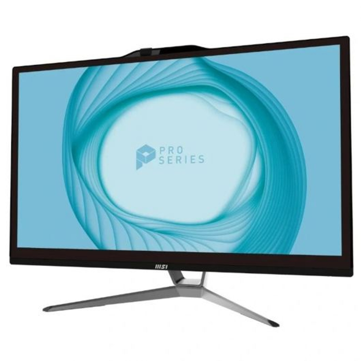 Monitor de computadora MSI negro y plateado con pantalla curva que muestra un diseño azul y blanco.
