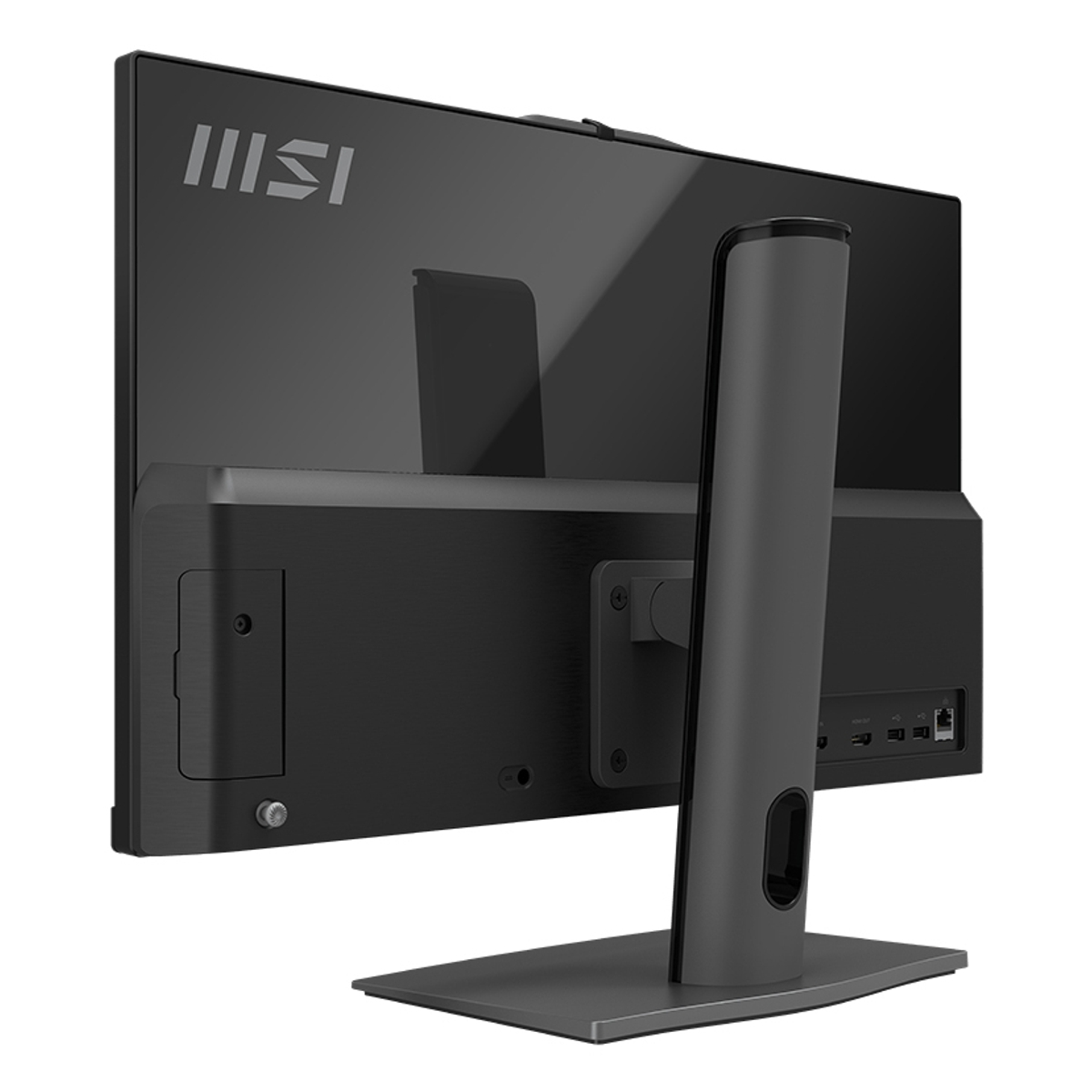 La parte trasera de un monitor de ordenador negro con un soporte.