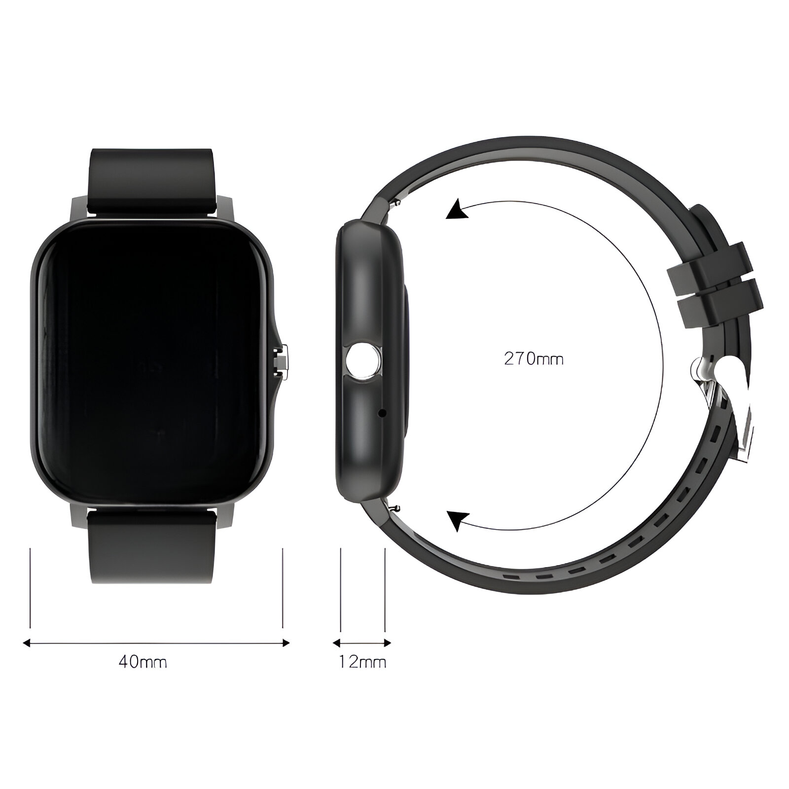 Smartwatch negra que muestra dos vistas: superior y lateral. Muestra dimensiones de 40 mm y 12 mm.