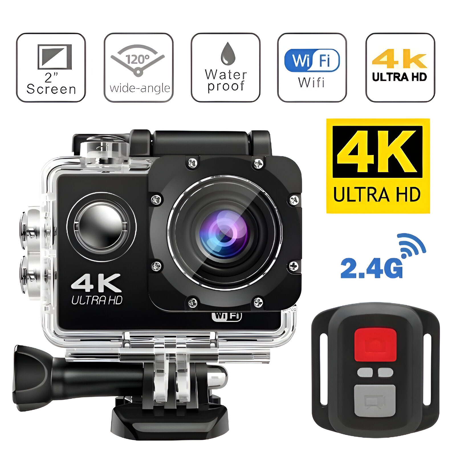 Cámara de acción negra con iconos y botones. Pantalla de 2 pulgadas y 4K Ultra HD.