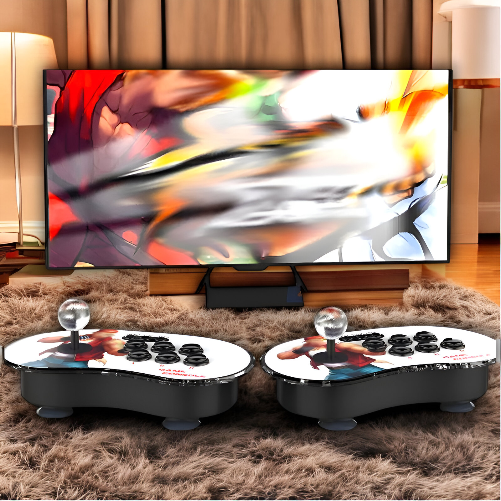 Dos mandos de videojuegos arcade blancos sobre una alfombra marrón delante de un televisor grande.