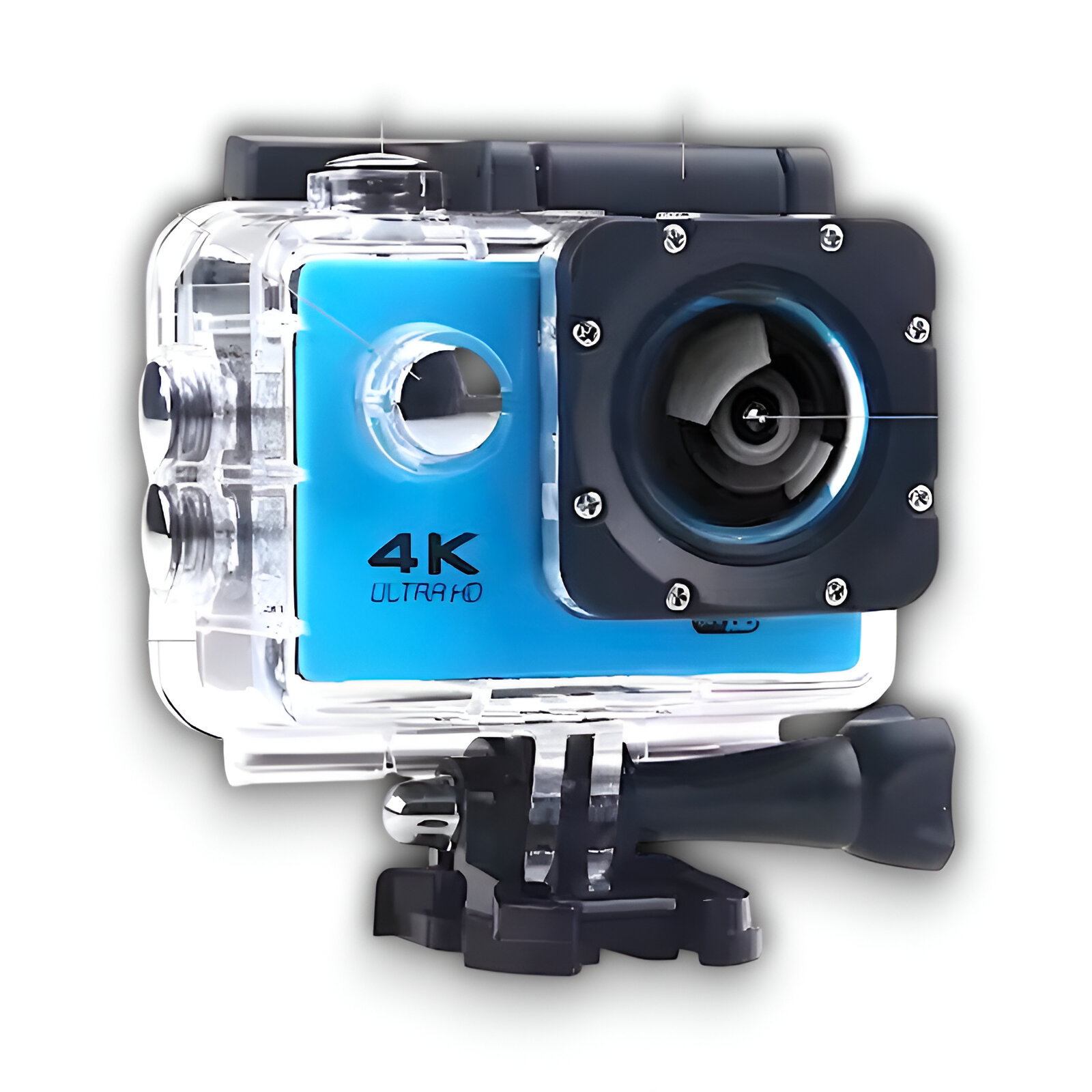 Cámara submarina en una carcasa impermeable. Es azul y negro con el texto '4K ULTRA HD'.