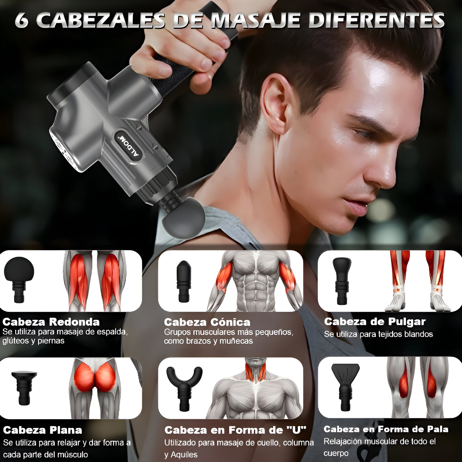 Hombre usando una pistola de masaje gris. Diagramas muestran cabezales y usos para relajación muscular.