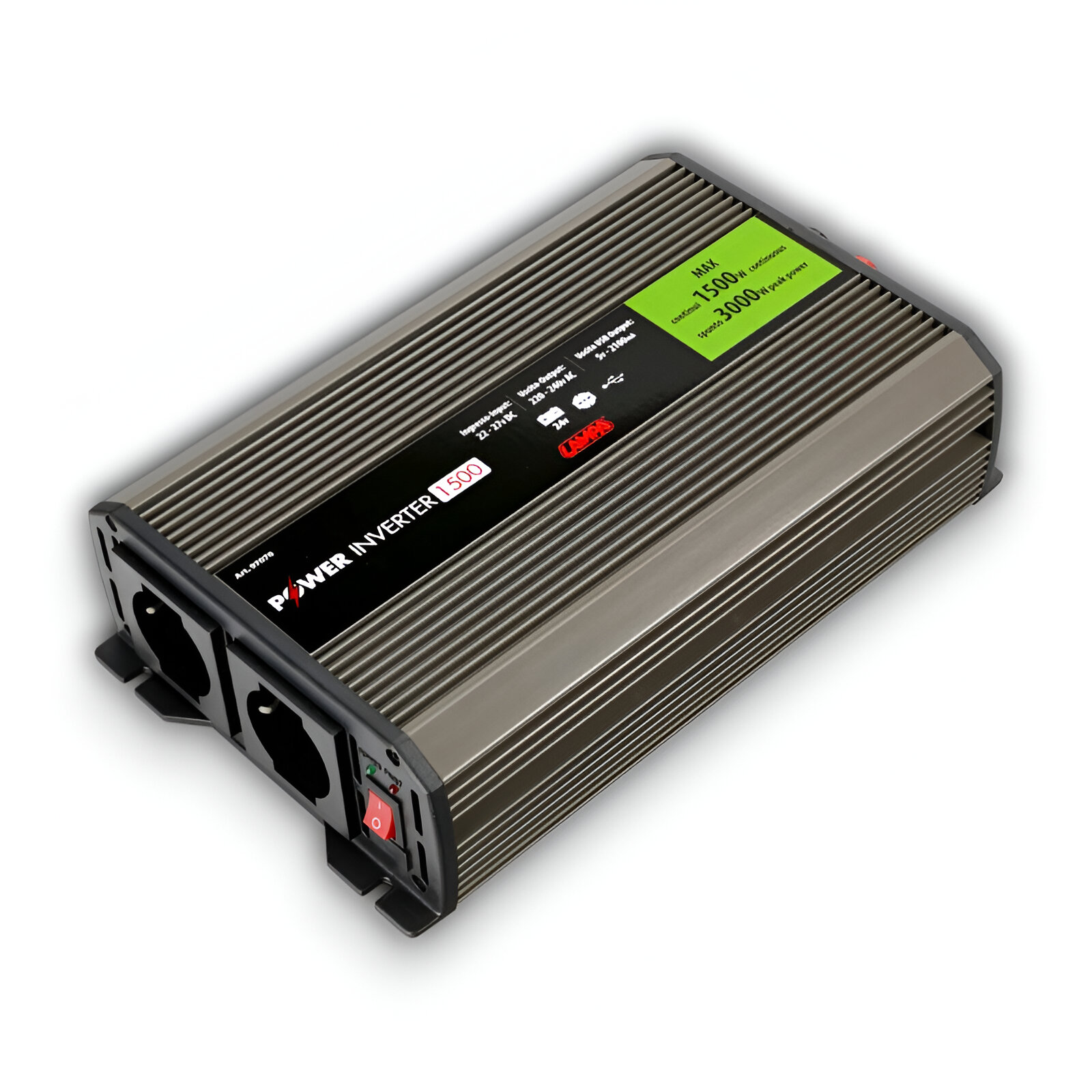 Inversor de corriente plateado y negro con enchufes y una etiqueta informativa verde.