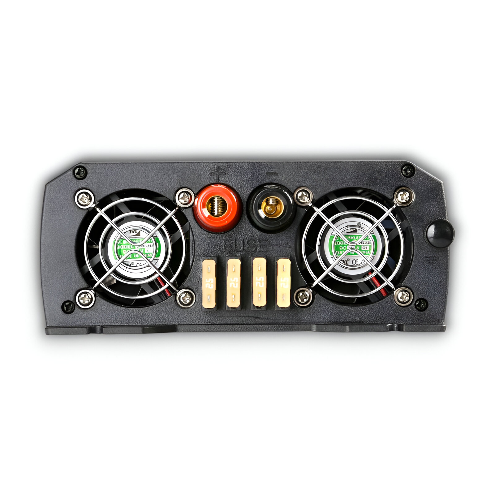 Componentes de computadora con ventiladores, fusibles y conectores, vistos desde arriba.