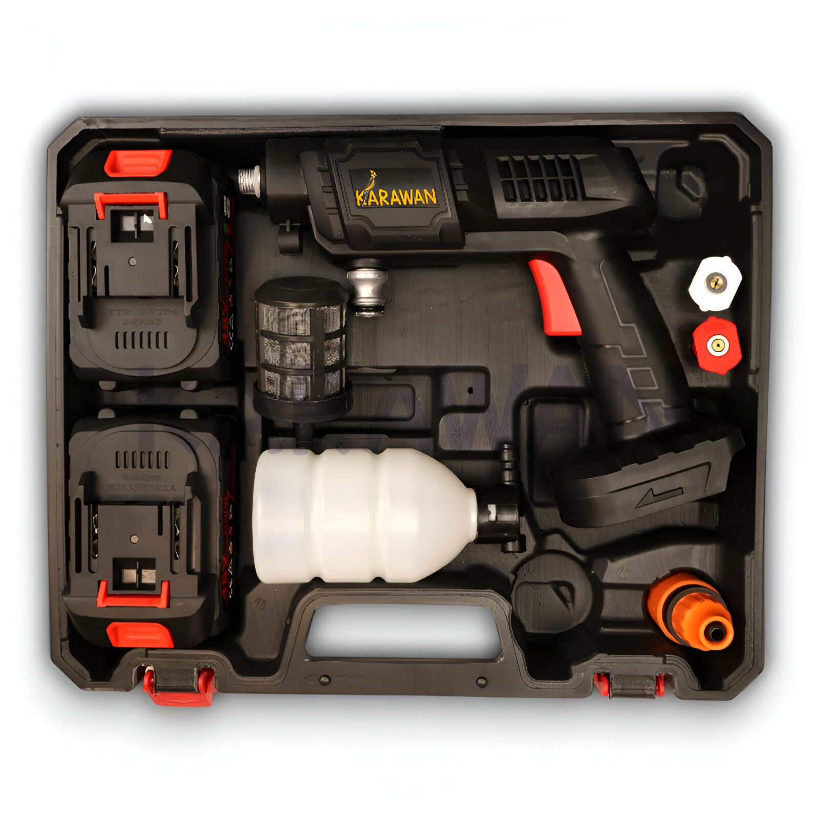 Kit de hidrolavadora negro y rojo. El kit está abierto y contiene varios componentes, sobre un fondo blanco.
