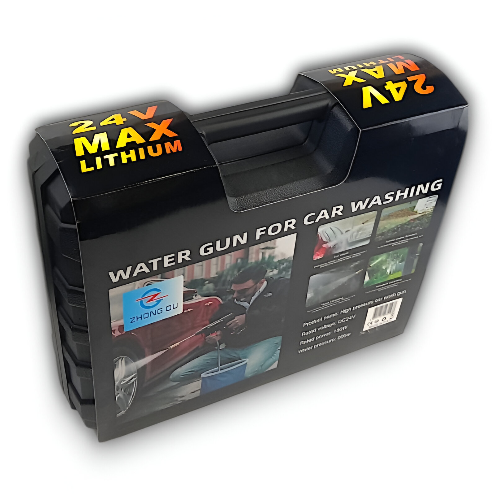 Caja negra y roja con una pistola de lavado de coches. Texto en inglés y español.