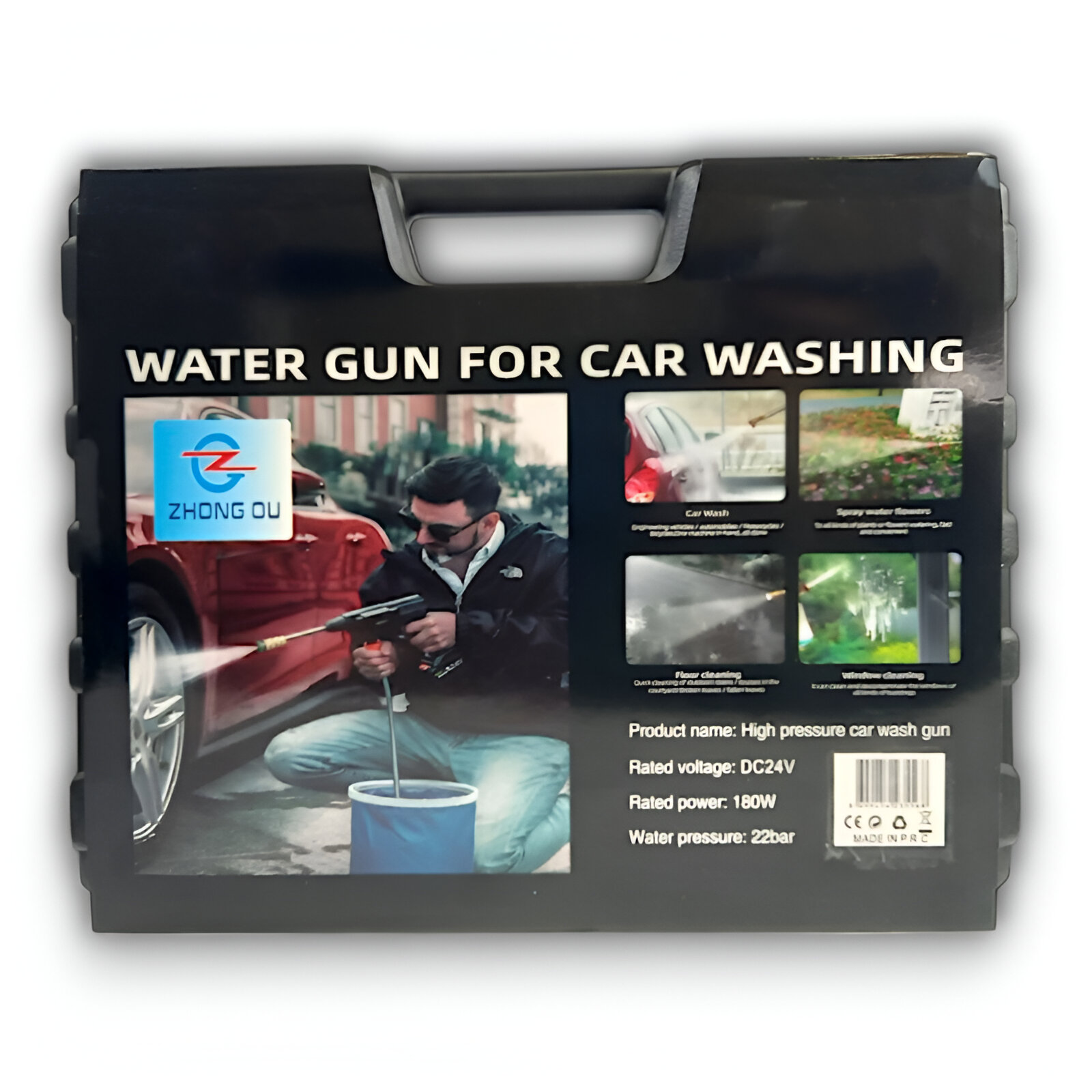 Maletín negro con pistola de agua a alta presión. Muestra diversas aplicaciones de lavado de coches.