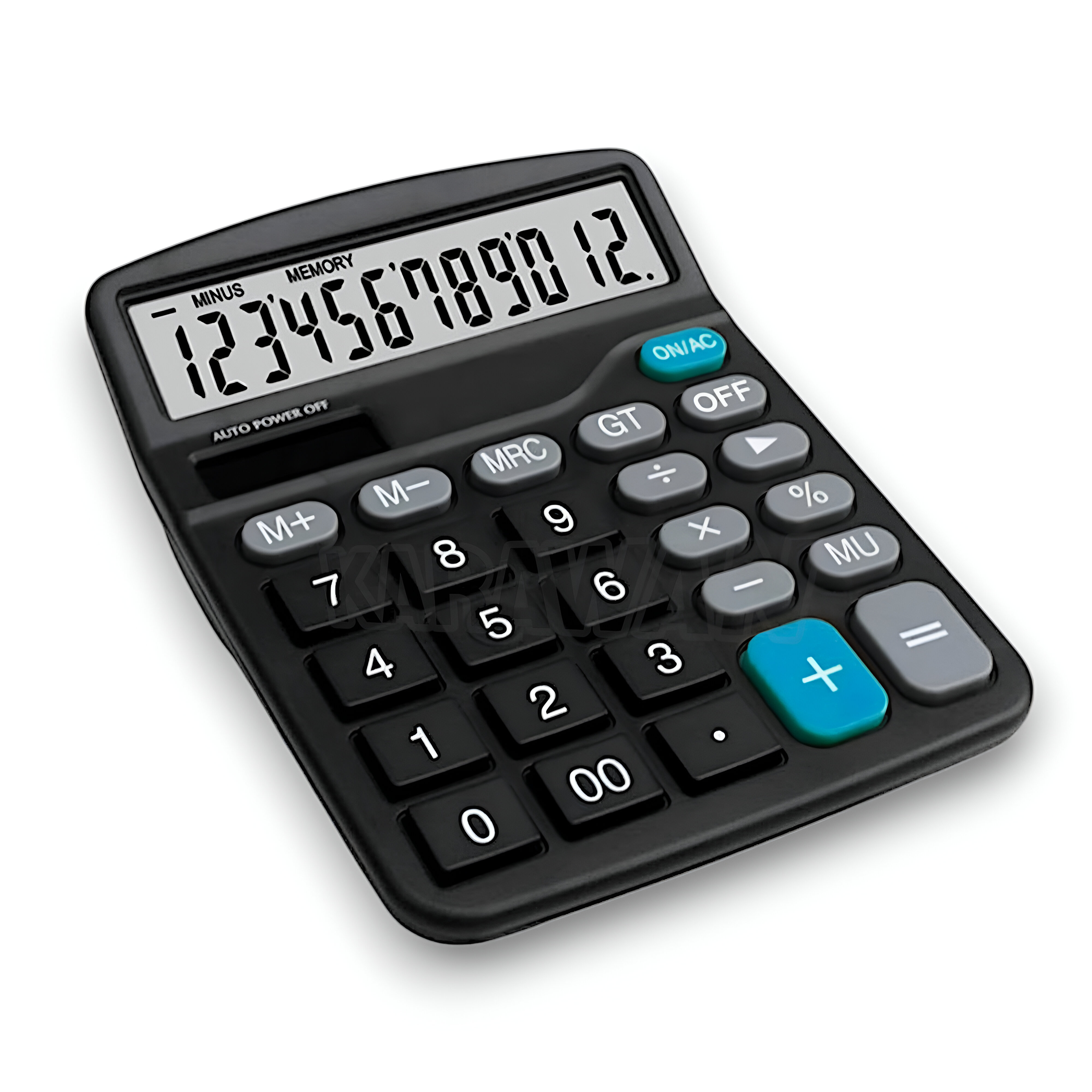 Calculadora negra con números blancos sobre fondo blanco.