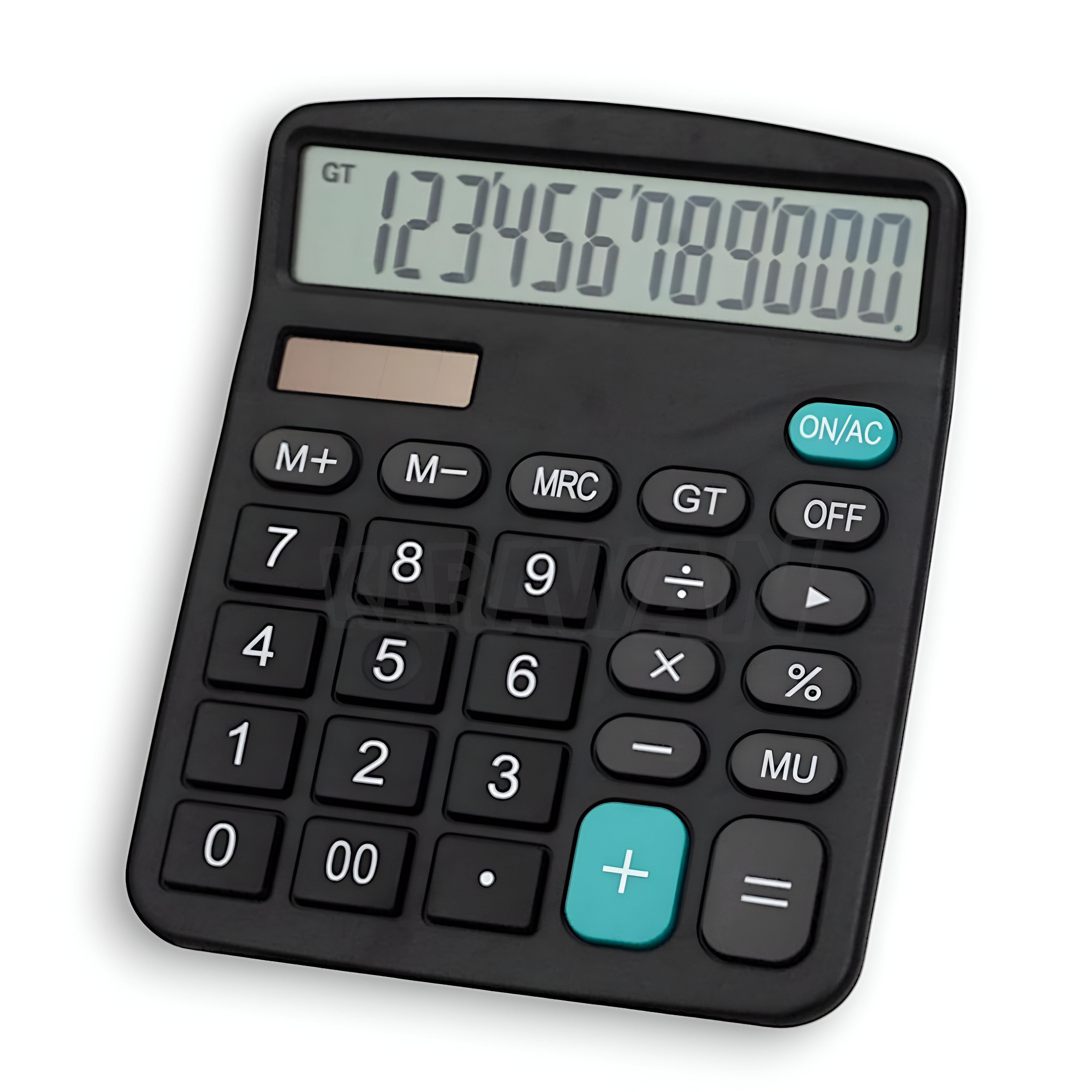 Calculadora negra con números y botones blancos, botón más verde.