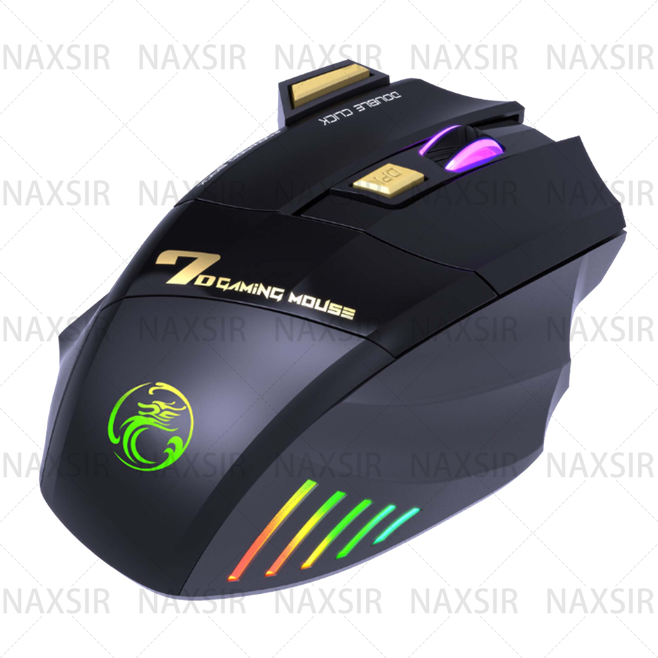 Schwarze Gaming-Maus. Sie hat farbige Lichter und Tasten. Der Hintergrund ist weiß.