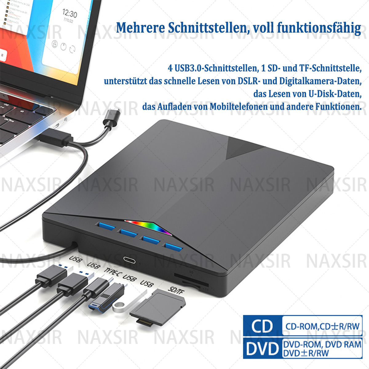 Schwarzes Gerät mit Anschlüssen und Kabeln, verbunden mit Laptop.
