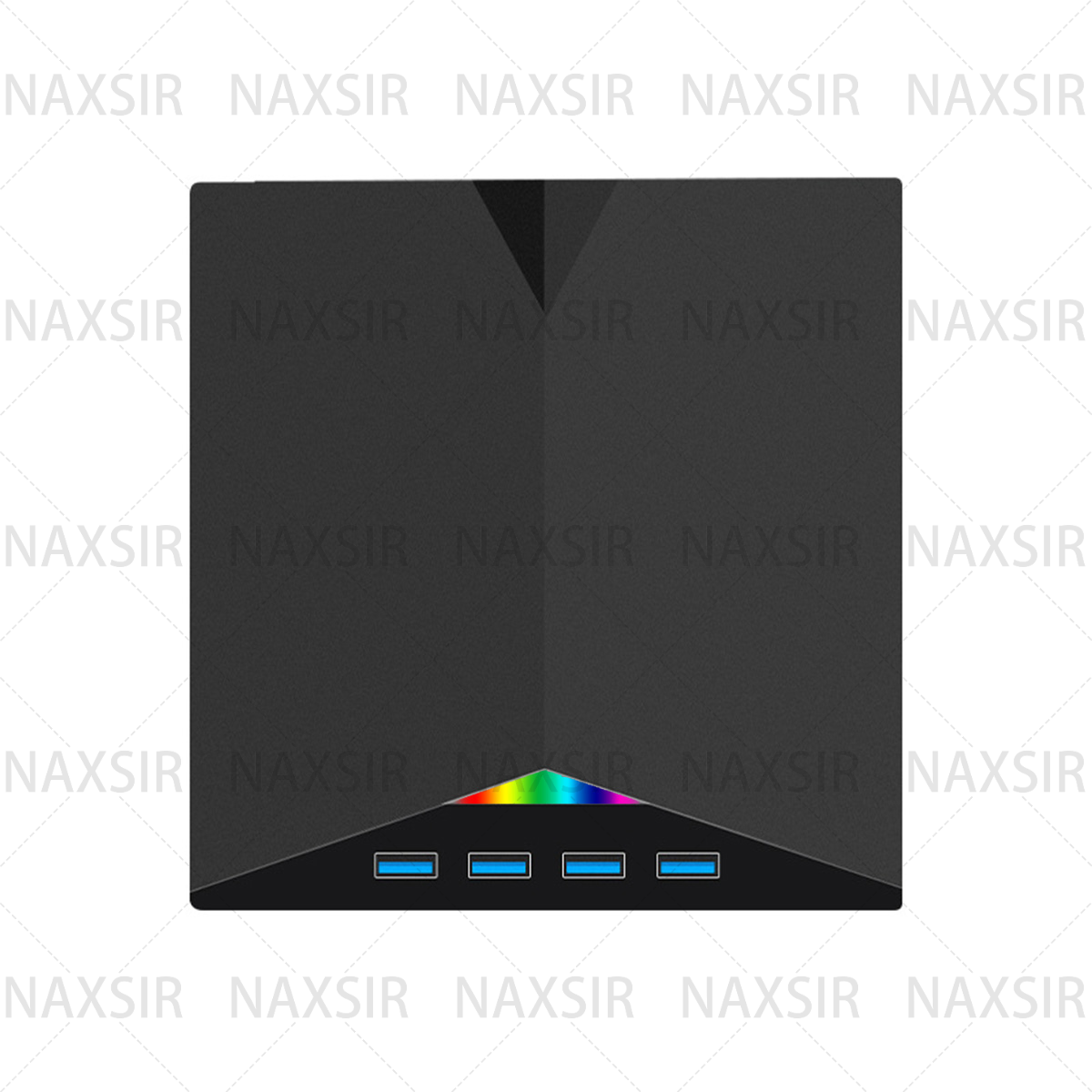 Schwarzes Computergehäuse mit farbenfroher Beleuchtung am Boden. Weißer Hintergrund.