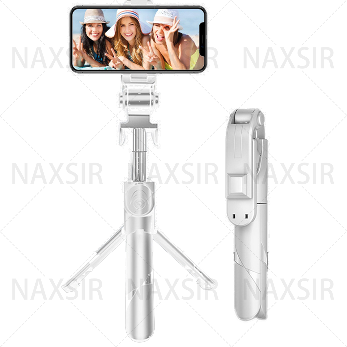 Ein weißer Selfie-Stick mit einem Telefon, das drei lächelnde Frauen zeigt. Weißer Hintergrund.