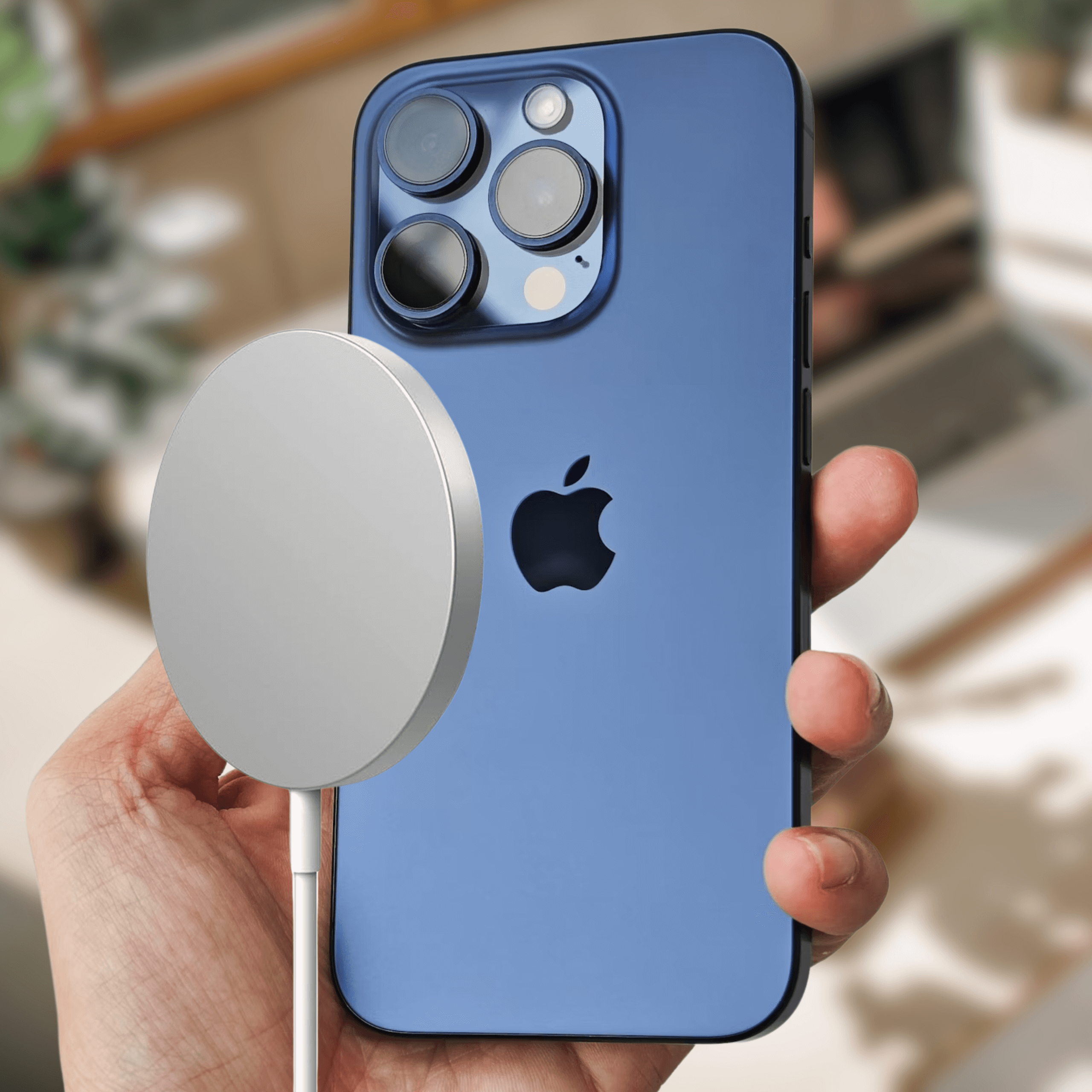 Niebieski iPhone z podłączoną ładowarką MagSafe. Telefon trzymany jest przez dłoń, rozmyte tło.