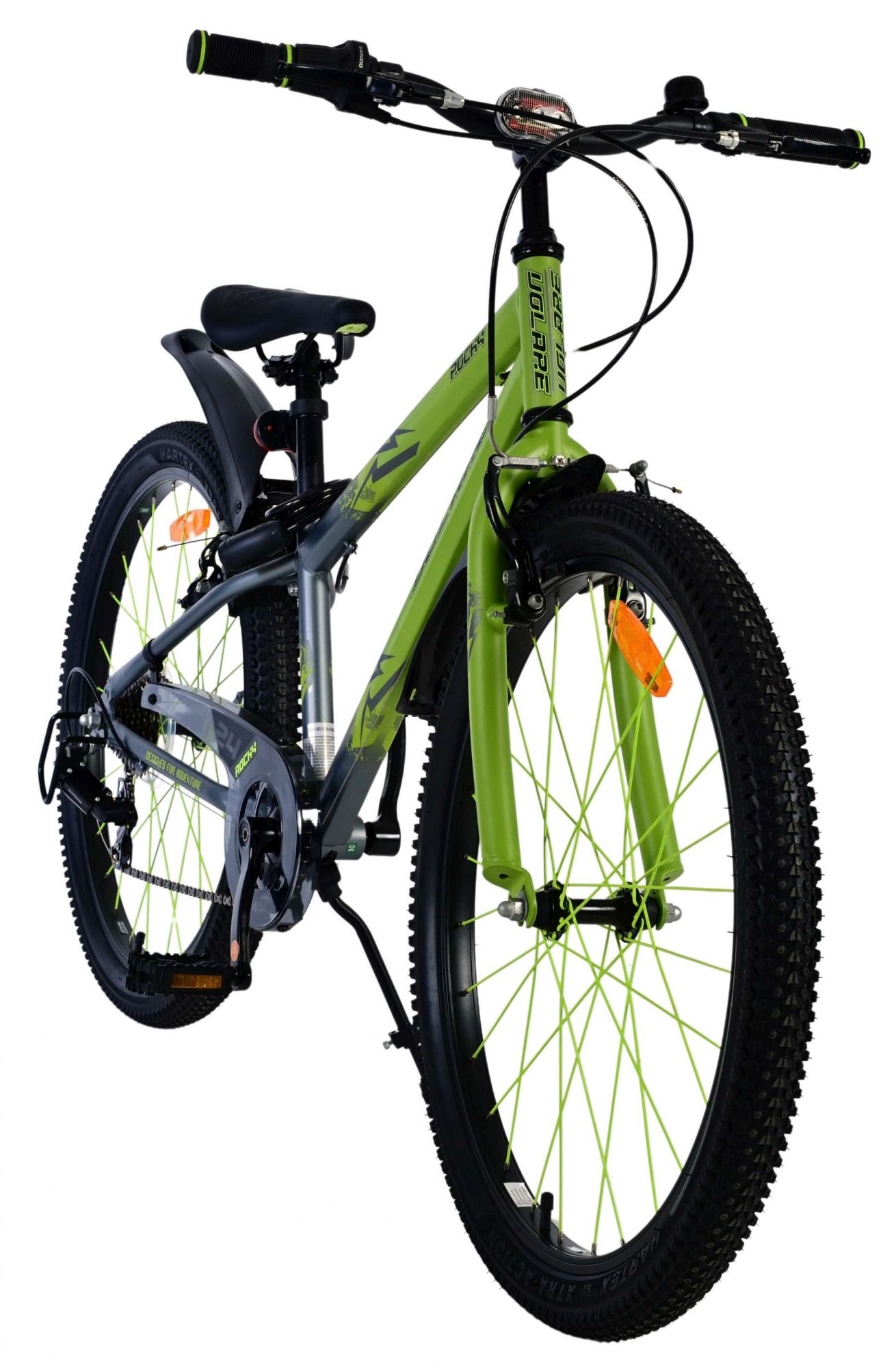Grünes und graues Mountainbike, Vorderansicht. Schwarze Reifen, grüne Akzente.