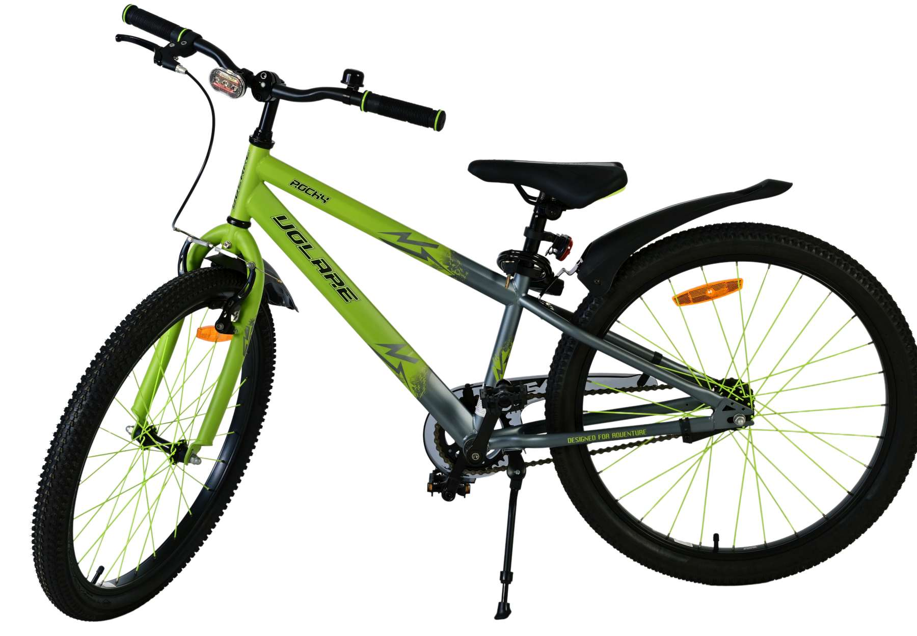 Grünes und graues Fahrrad auf weißem Hintergrund. Das Fahrrad ist abgewinkelt. Lenker und Sattel sind sichtbar.