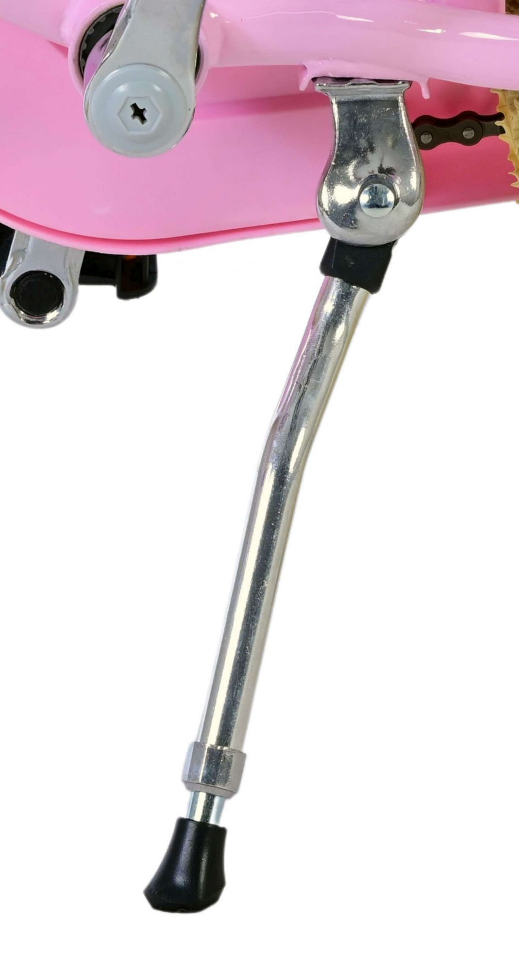 Pinker Fahrradständer, Metall, schwarzer Fuß. Teil eines pinken Fahrrads.