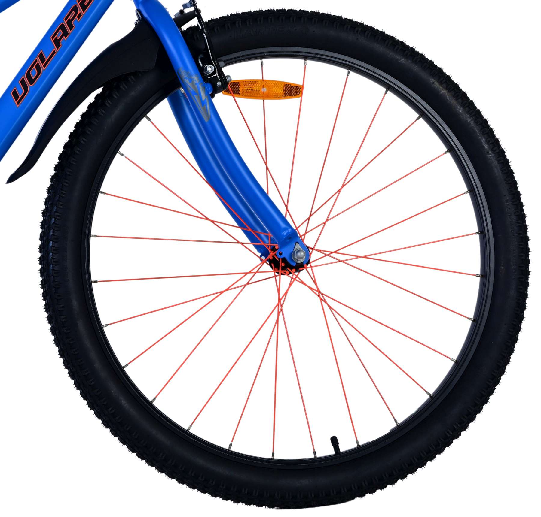 Nahaufnahme eines blauen Fahrradrads mit roten Speichen.