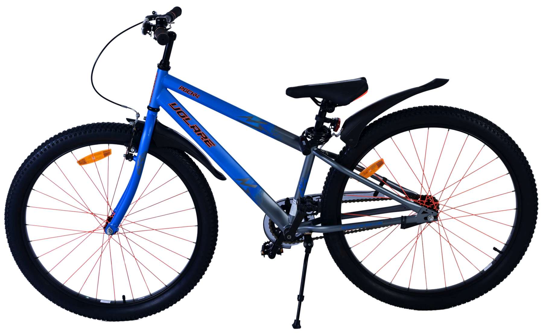 Blaues und graues Fahrrad mit schwarzen Reifen und roten Akzenten, isoliert auf weißem Hintergrund.