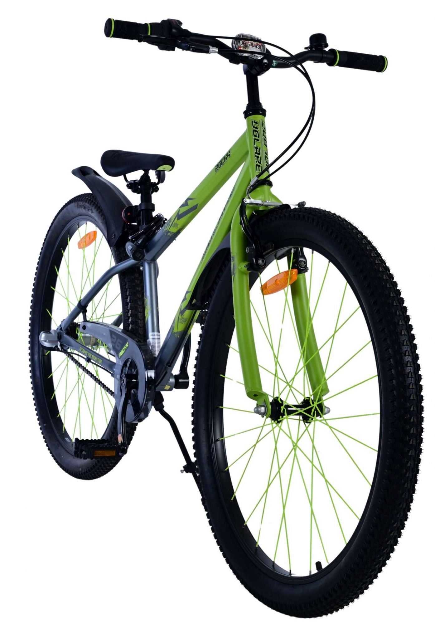 Grünes und graues Fahrrad, Seitenansicht. Das Vorderrad und der Lenker sind sichtbar.
