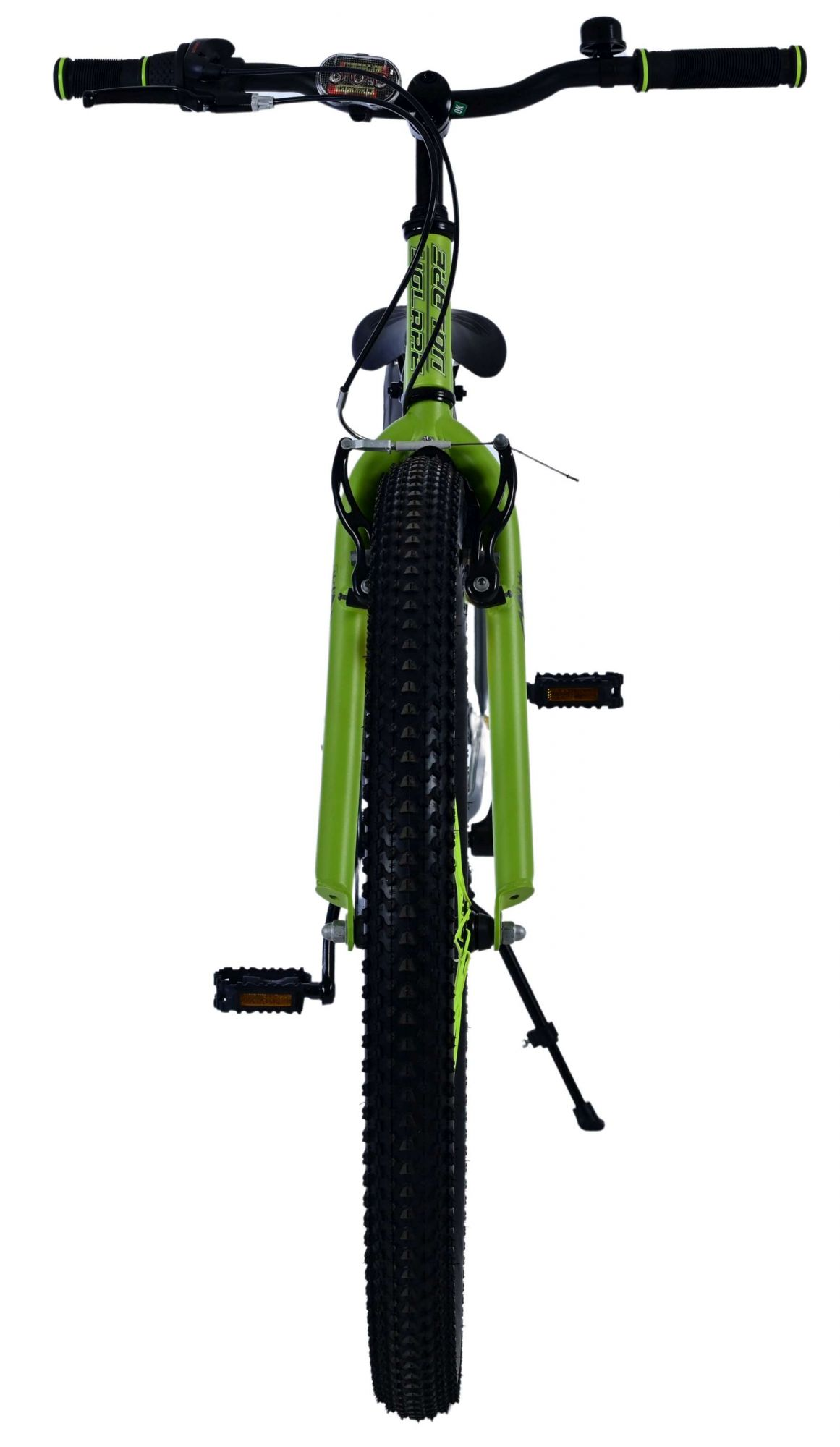 Grünes und schwarzes Fahrrad, Vorderansicht. Der Hintergrund ist weiß. Der Lenker ist sichtbar.