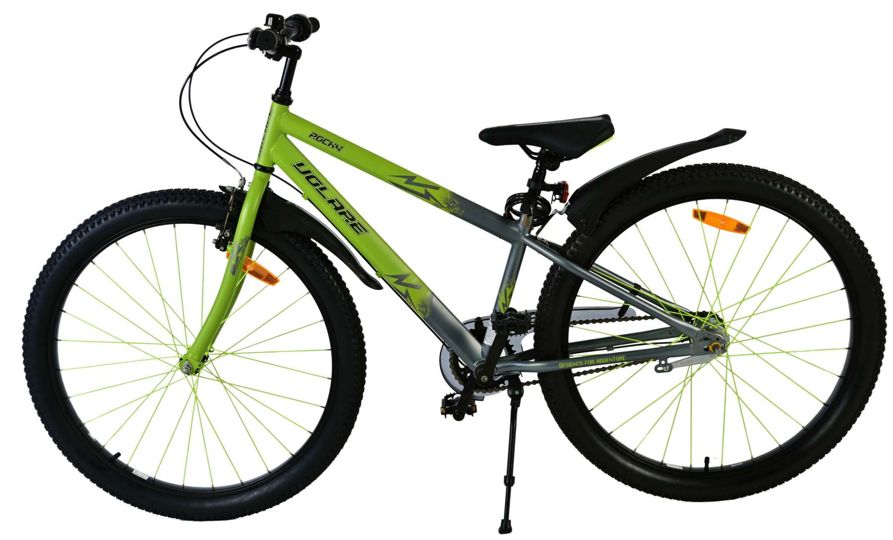 Grün-graues Mountainbike auf weißem Hintergrund, mit grünen Akzenten und schwarzen Reifen.