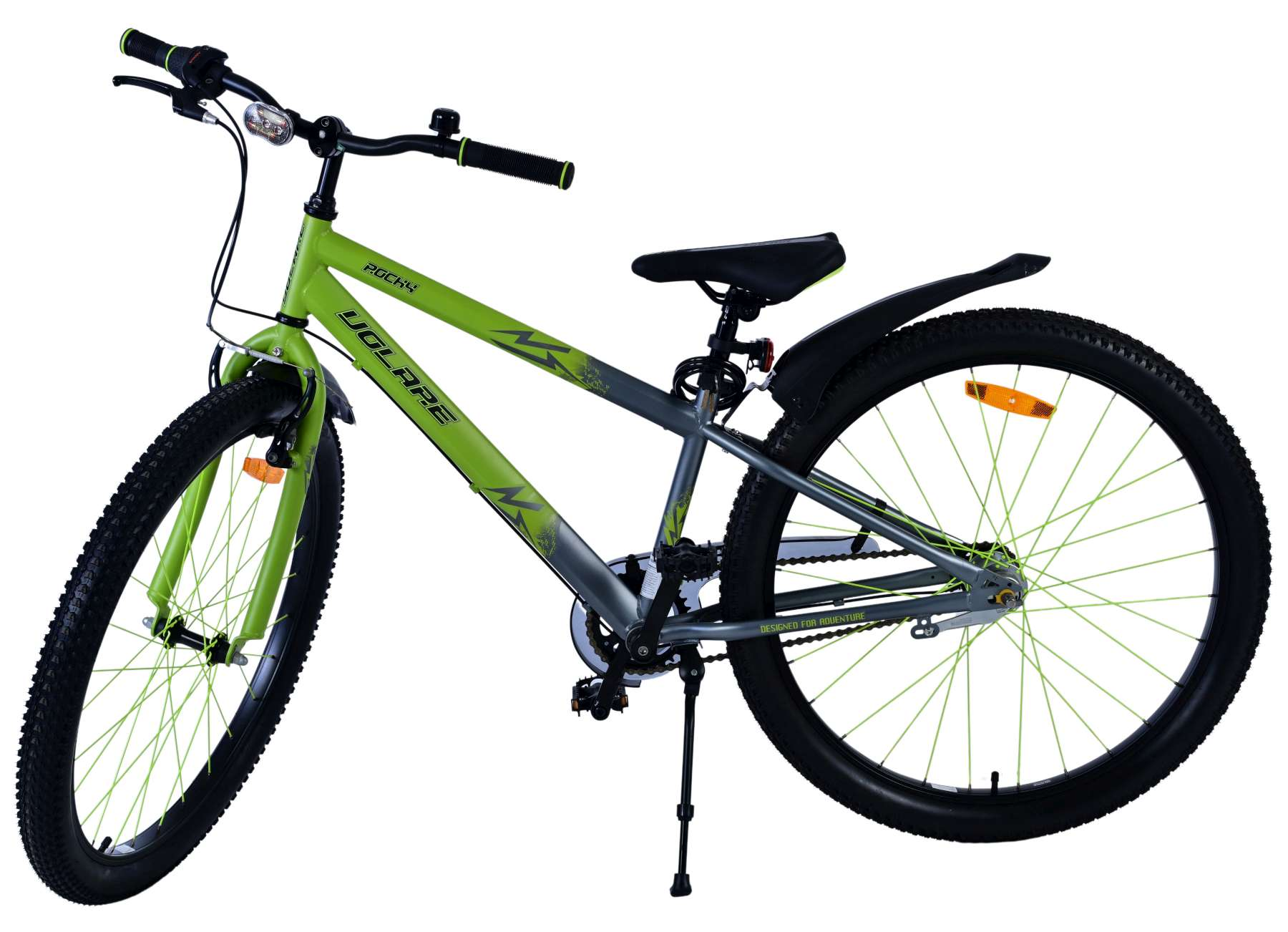 Grünes und graues Fahrrad, Seitenansicht, weißer Hintergrund.