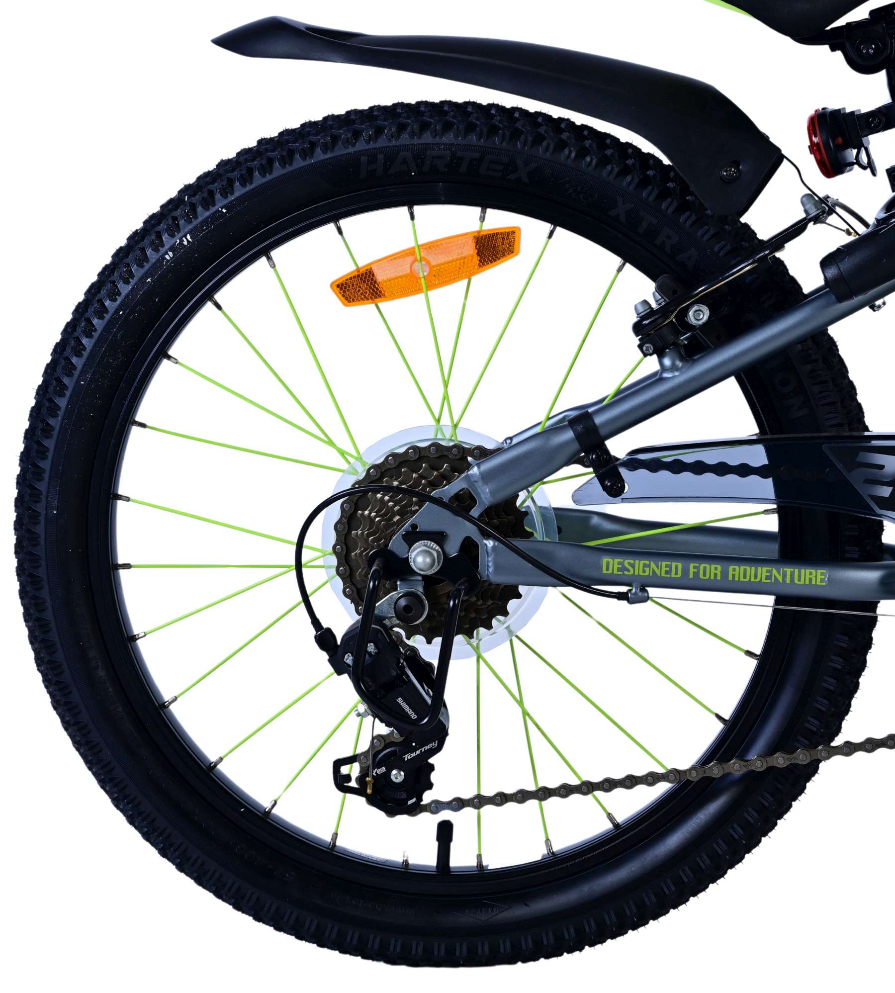 Hinterrad und Getriebesystem eines Fahrrads mit grünem Speichendesign.
