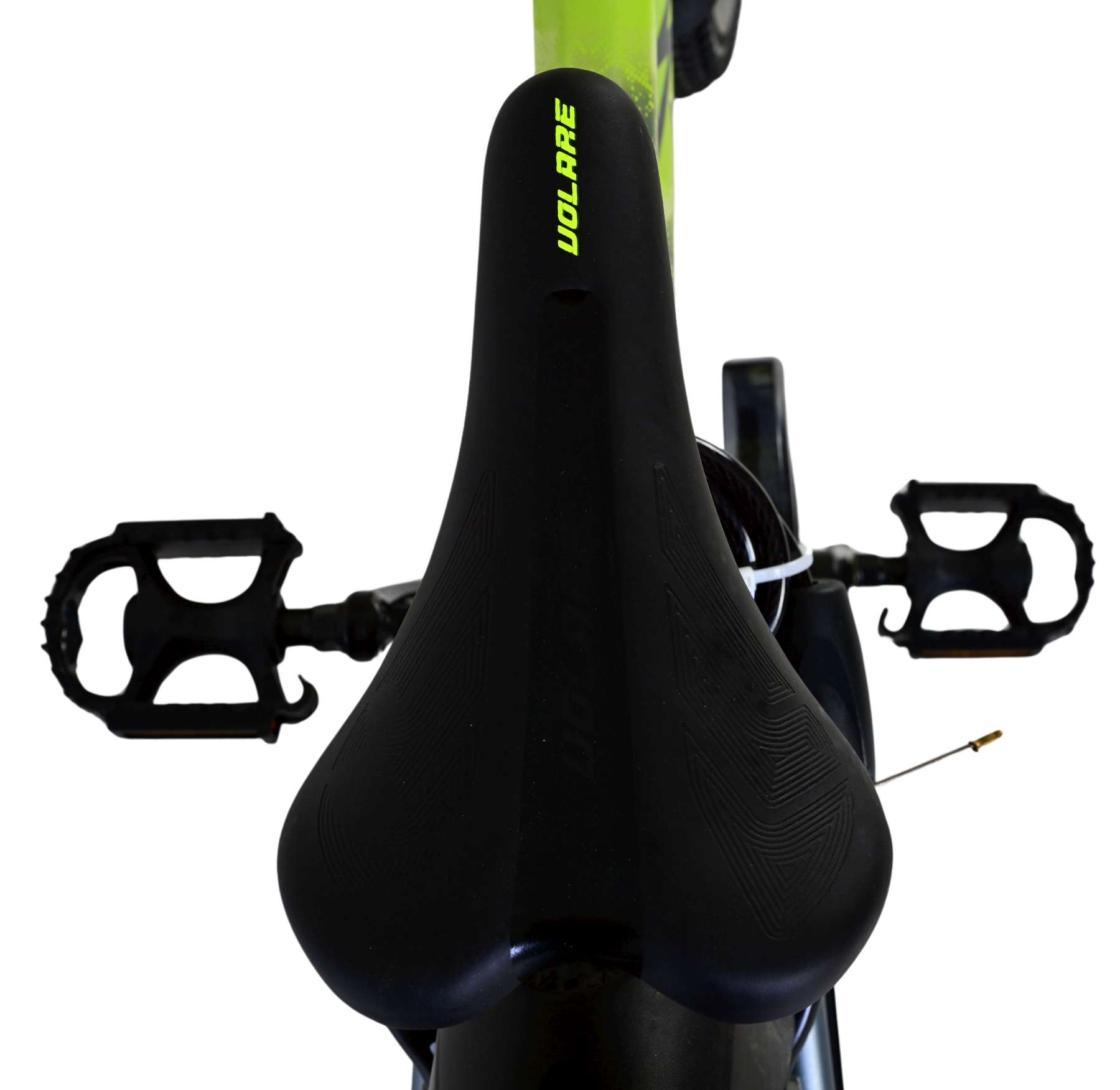 Schwarzer Fahrradsattel mit Volare-Logo und Pedalen.