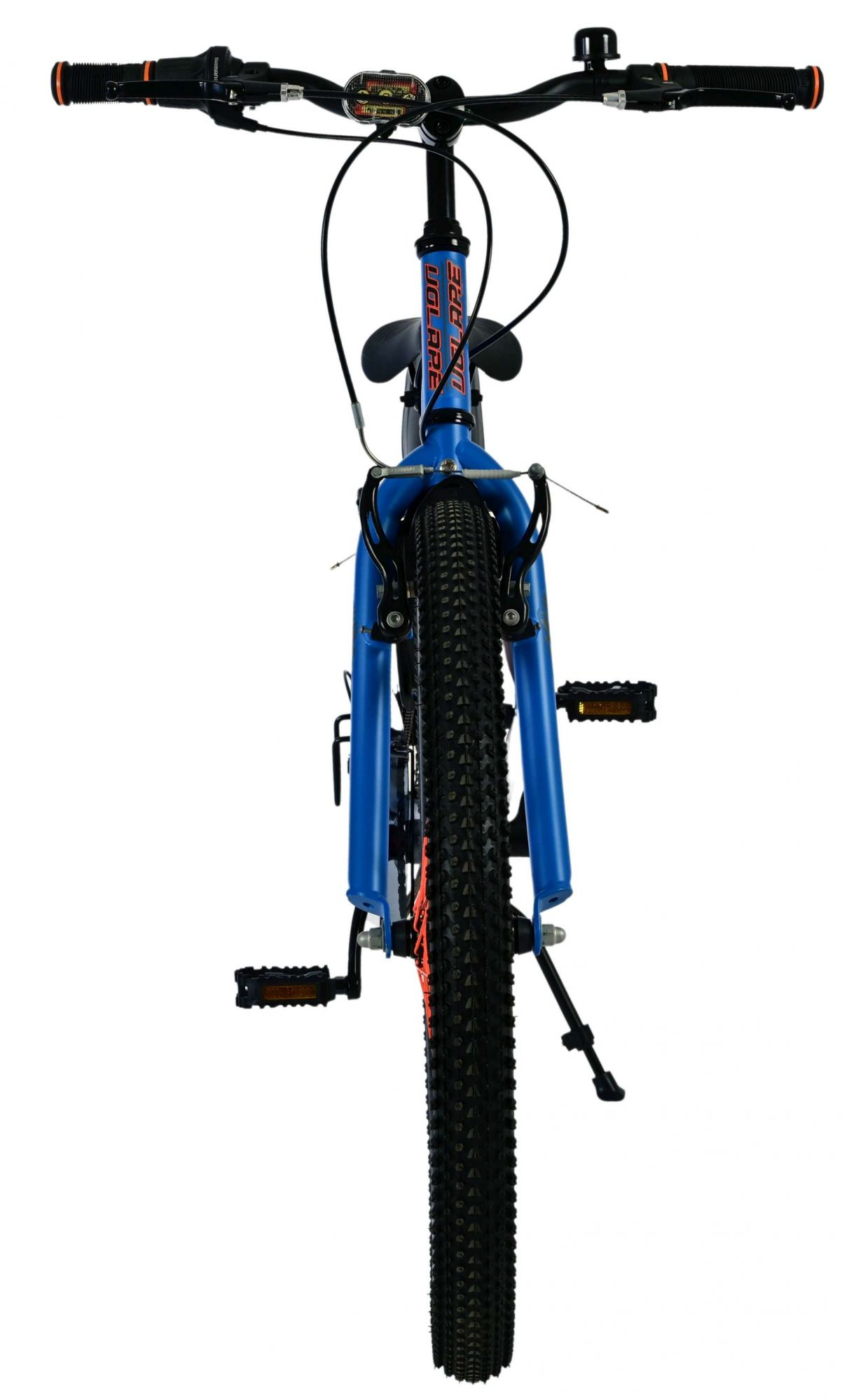 Blaues Fahrrad, schwarze Reifen, Vorderansicht. Lenker, Pedale und Vorderrad sichtbar. Text: UGLARE.