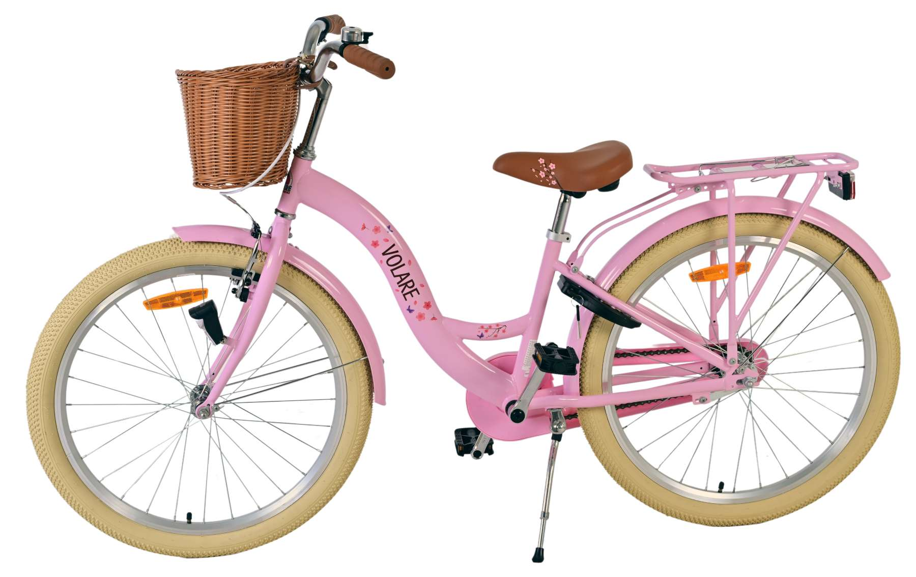 Rosa Fahrrad mit Korb, braunem Sitz und beigen Reifen. Sterne und Blumen auf dem Rahmen.