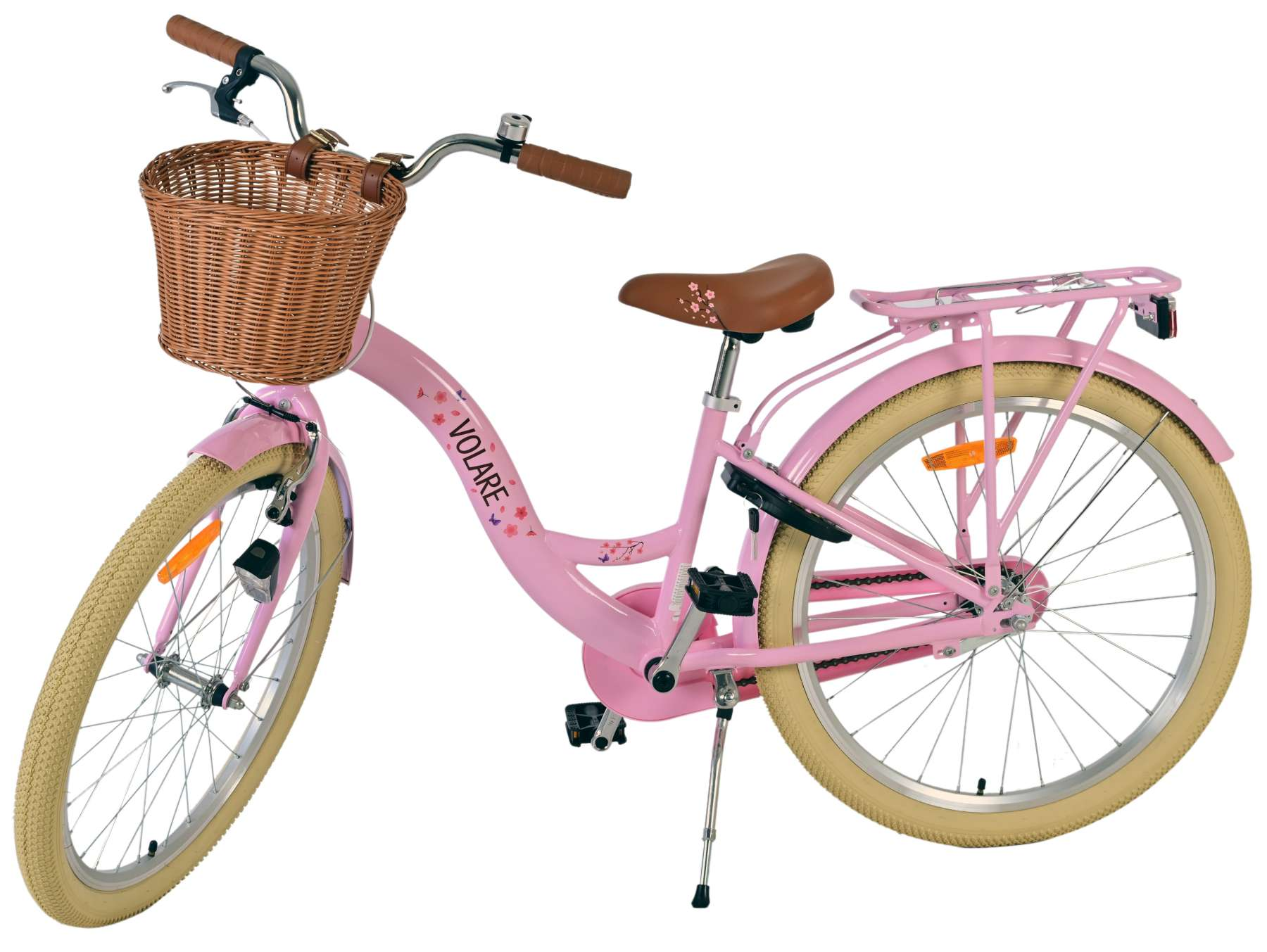 Rosa Fahrrad mit Korb und braunem Sattel. 'VOLARE' steht auf dem Rahmen. Weißer Hintergrund.