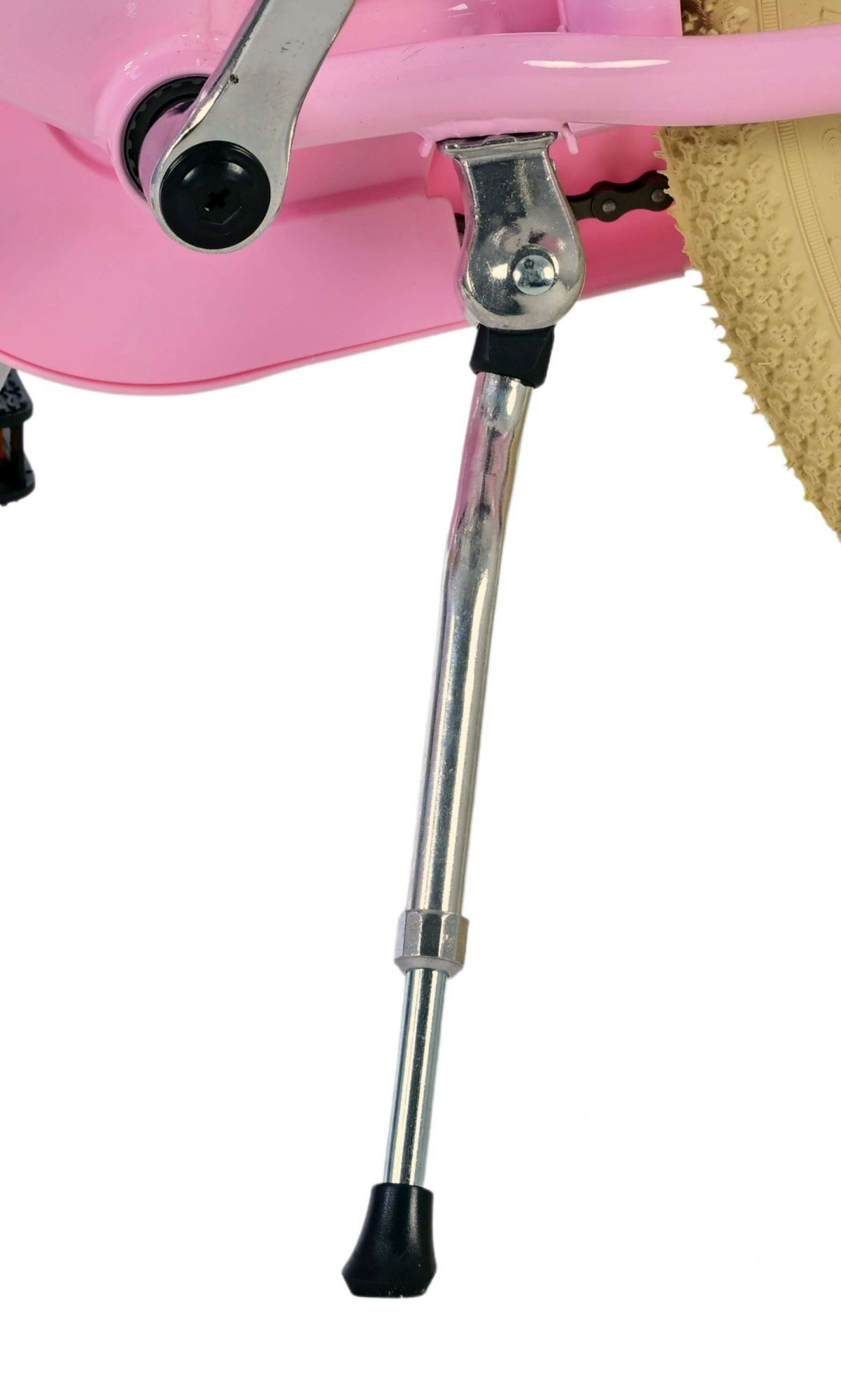 Rosa Fahrradständer. Silberner Ständer mit schwarzem Gummisockel. Rosa Rahmen und ein beiger Reifen im Hintergrund sichtbar.