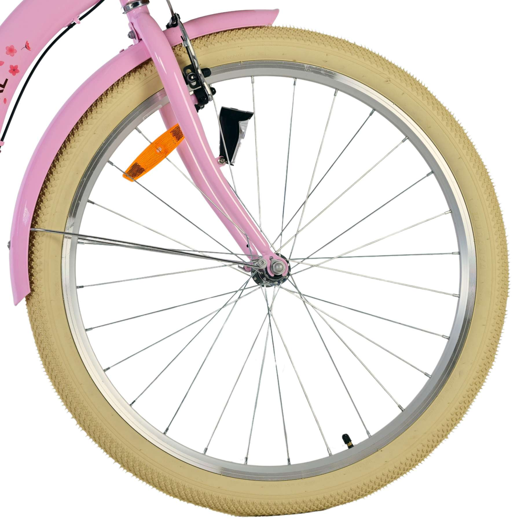 Nahaufnahme eines rosa Fahrradreifens mit cremefarbenem Reifen.