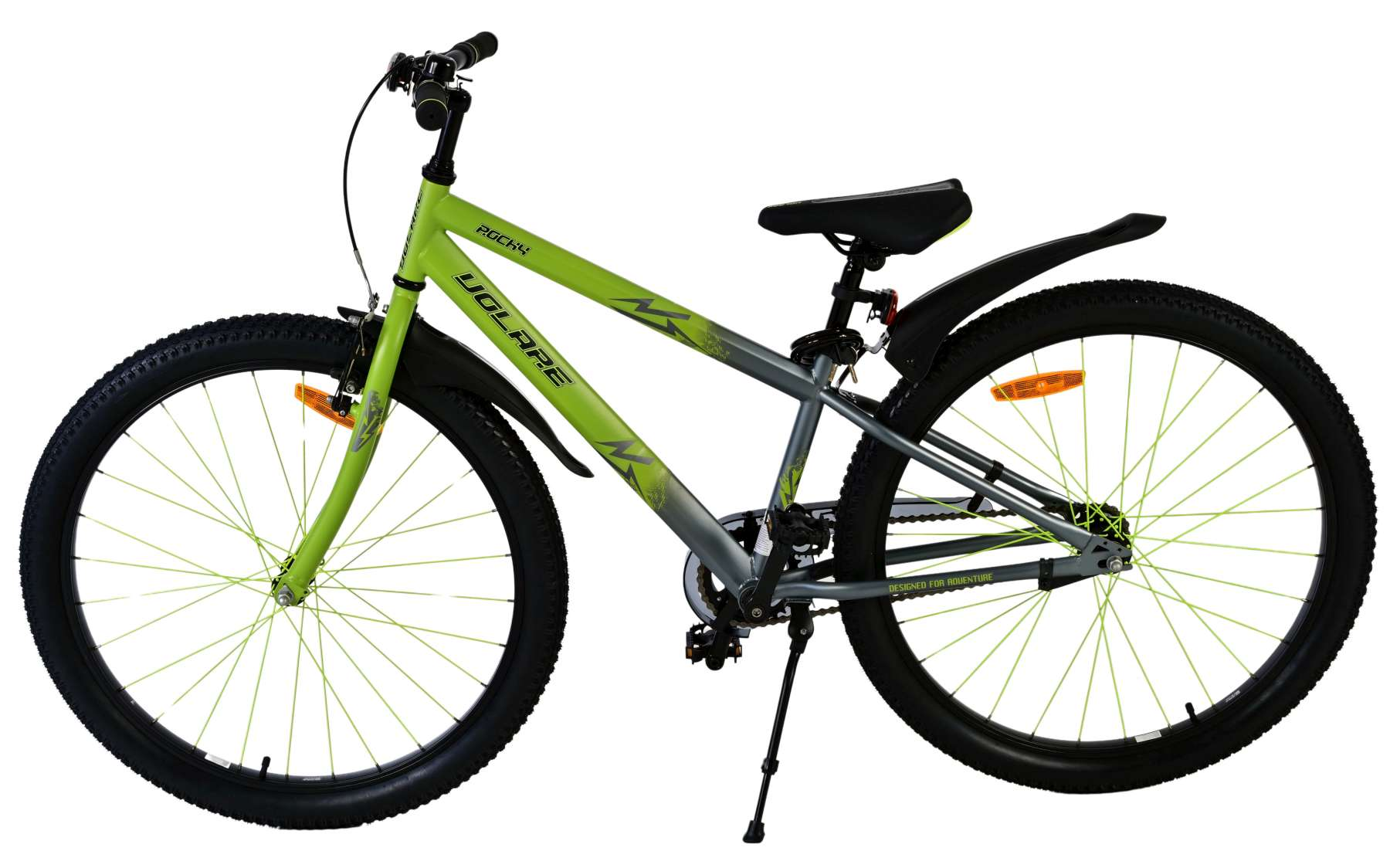 Grünes und graues Fahrrad auf weißem Hintergrund, Seitenansicht.
