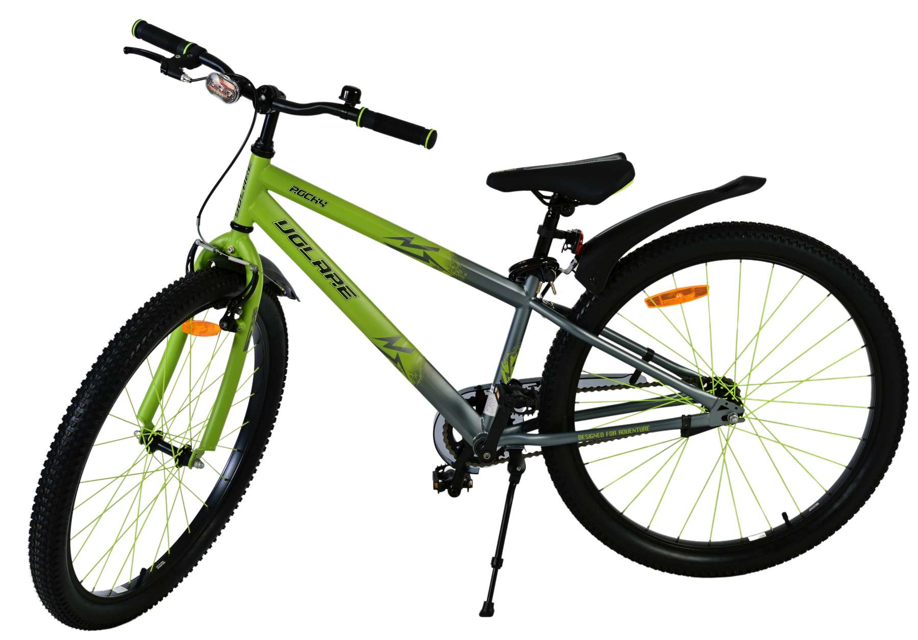 Grünes und graues Fahrrad auf weißem Hintergrund. Das Fahrrad hat einen schwarzen Sitz und Reifen.