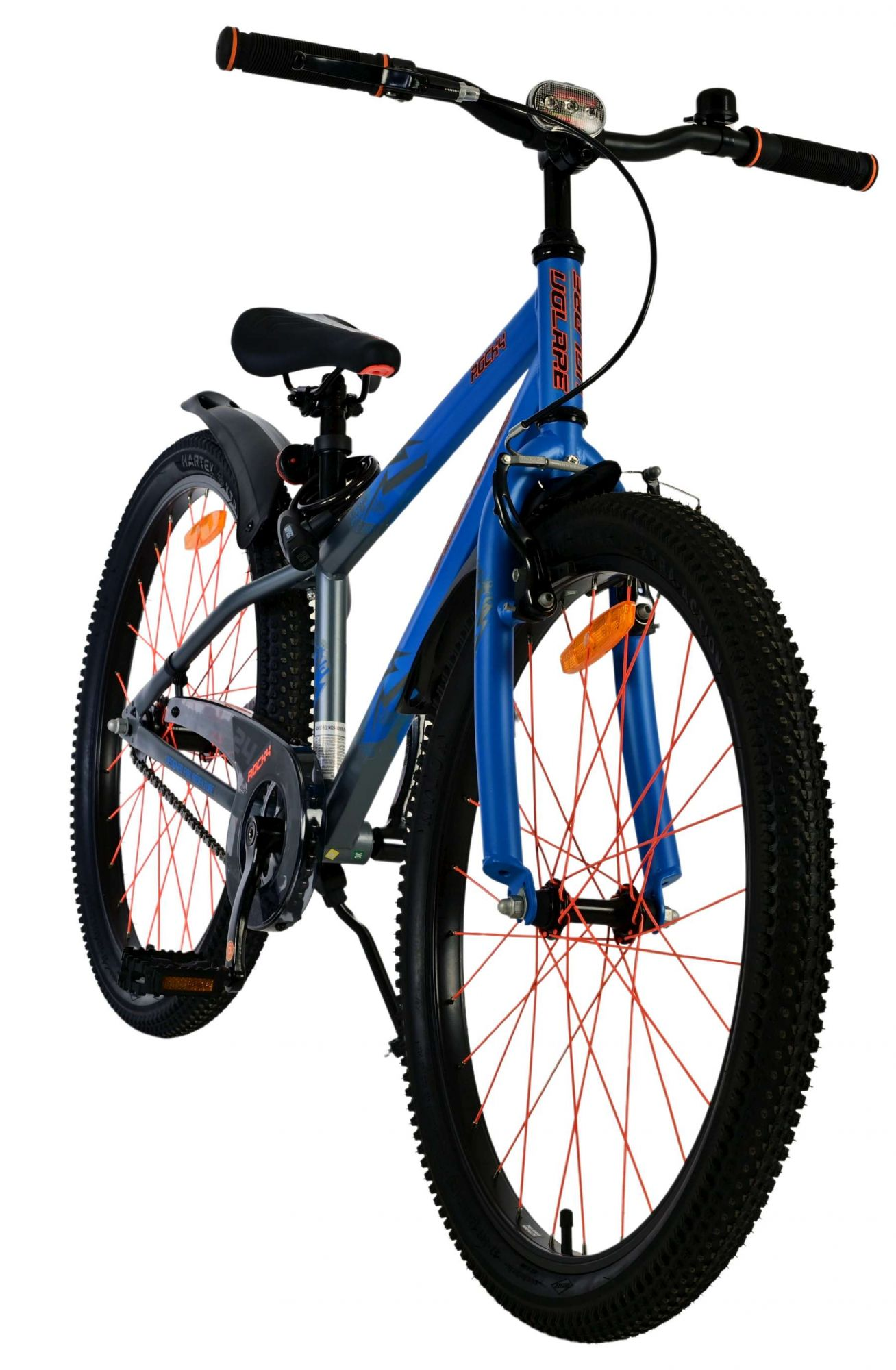 Blau-schwarzes Fahrrad mit orangefarbenen Akzenten und Reifen. Es ist zur Kamera geneigt.