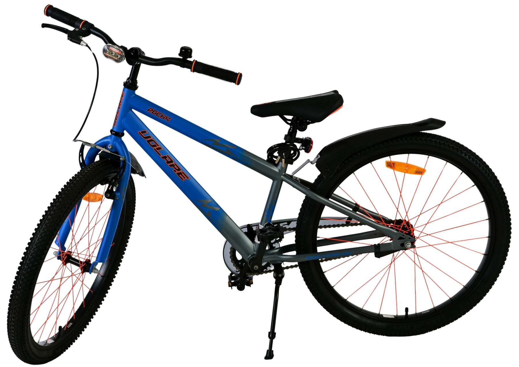 Blau-graues Mountainbike mit schwarzen Reifen und roten Akzenten, weißer Hintergrund, Seitenansicht. Das Wort "Volaire" ist sichtbar.