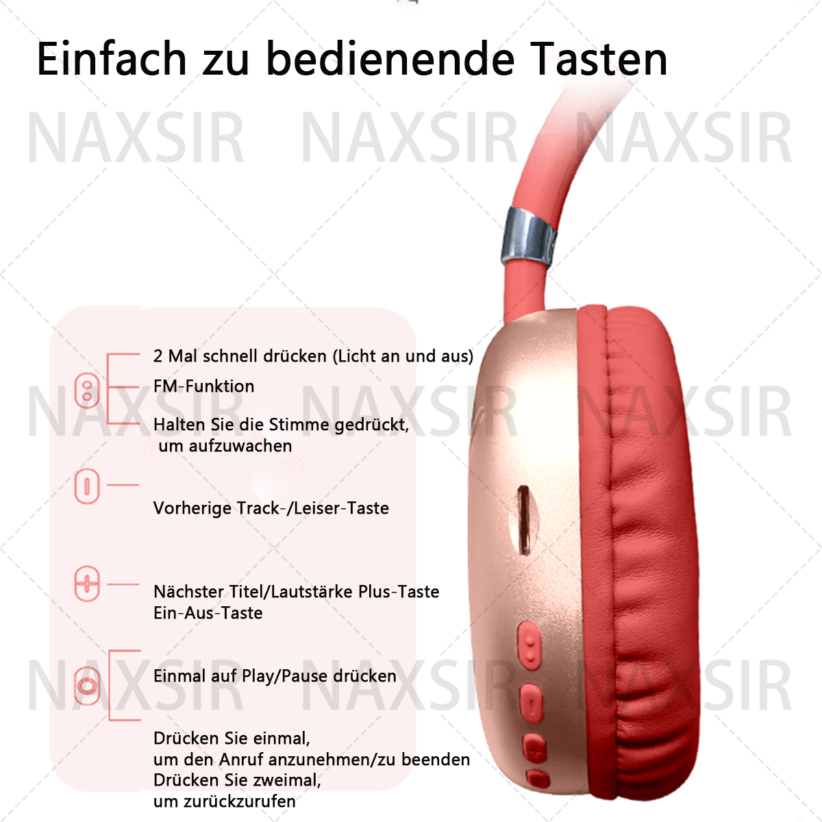 Rote und goldene kabellose Kopfhörer mit Bedientasten. Text auf Deutsch erklärt ihre Funktionen.