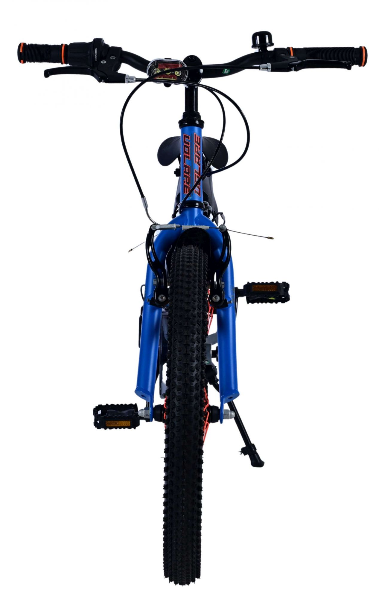Blaues Mountainbike, Frontansicht, mit schwarzen Reifen und orangefarbenen Details.