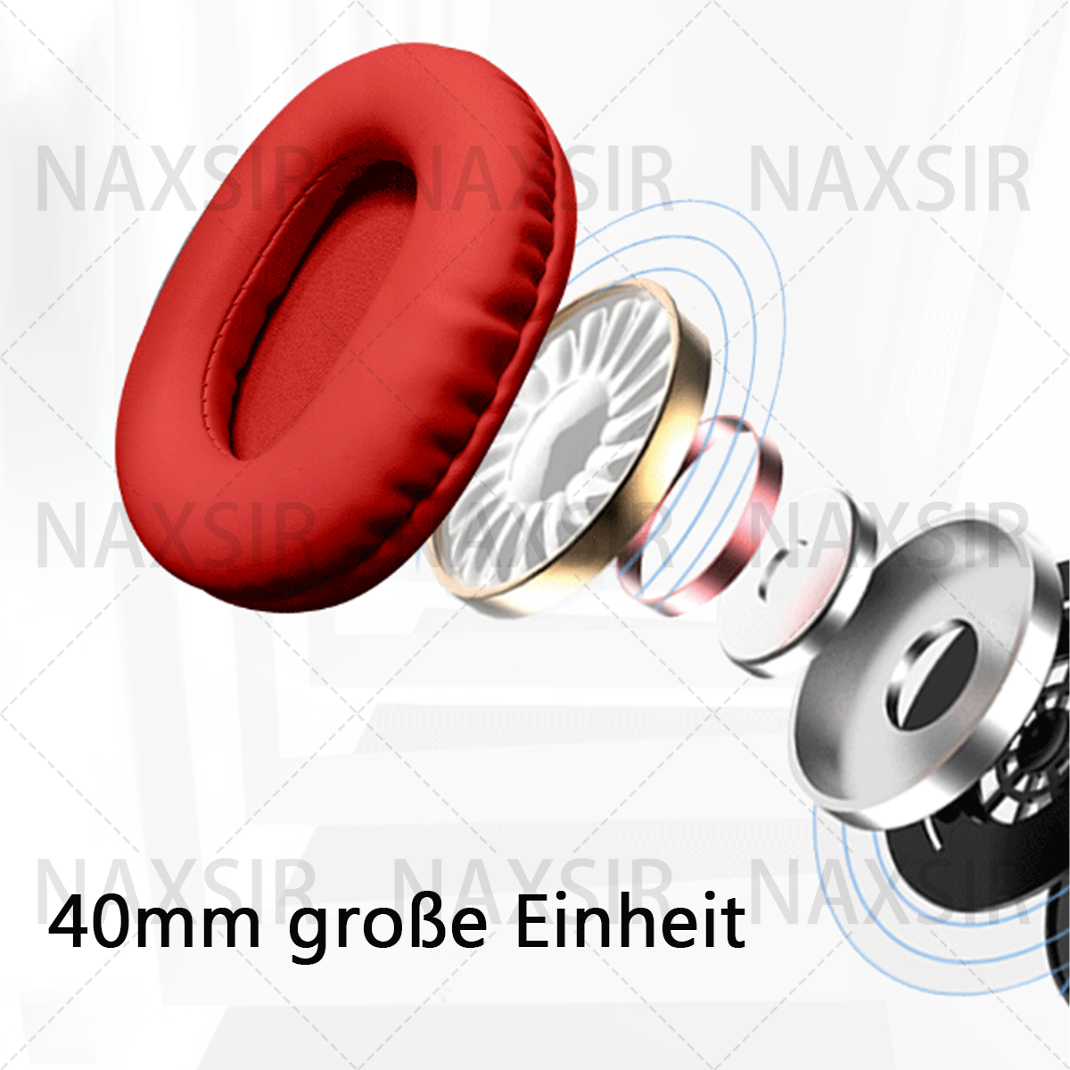 Kopfhörerkomponenten werden gezeigt, mit dem Text '40mm große Einheit'.