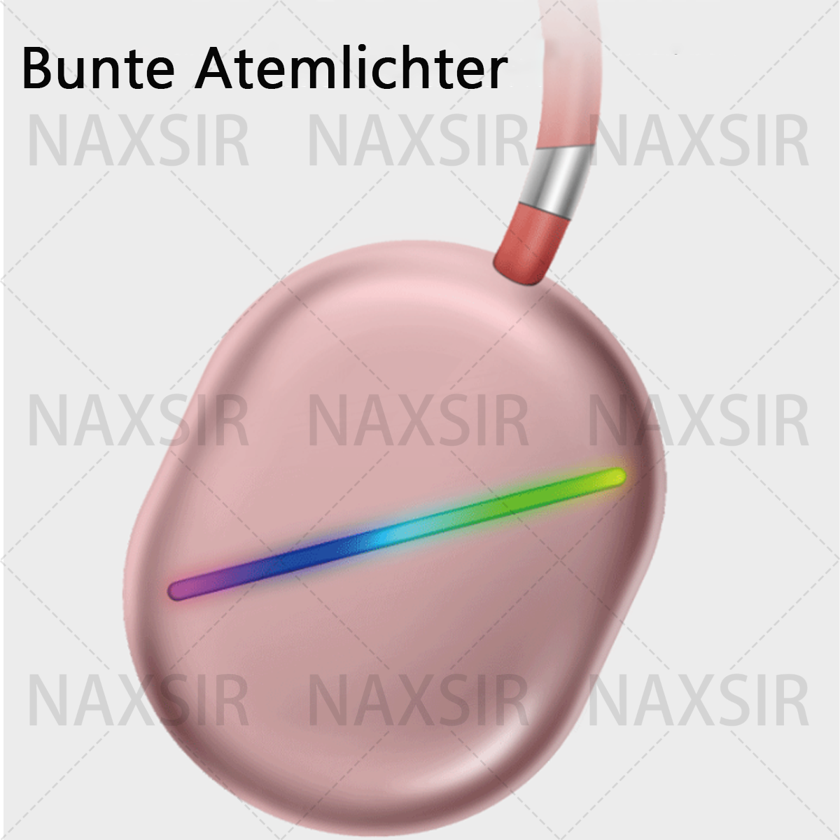 Rosa Kopfhörer mit bunten Lichtern. Text: „Bunte Atemlichter“, Logos.