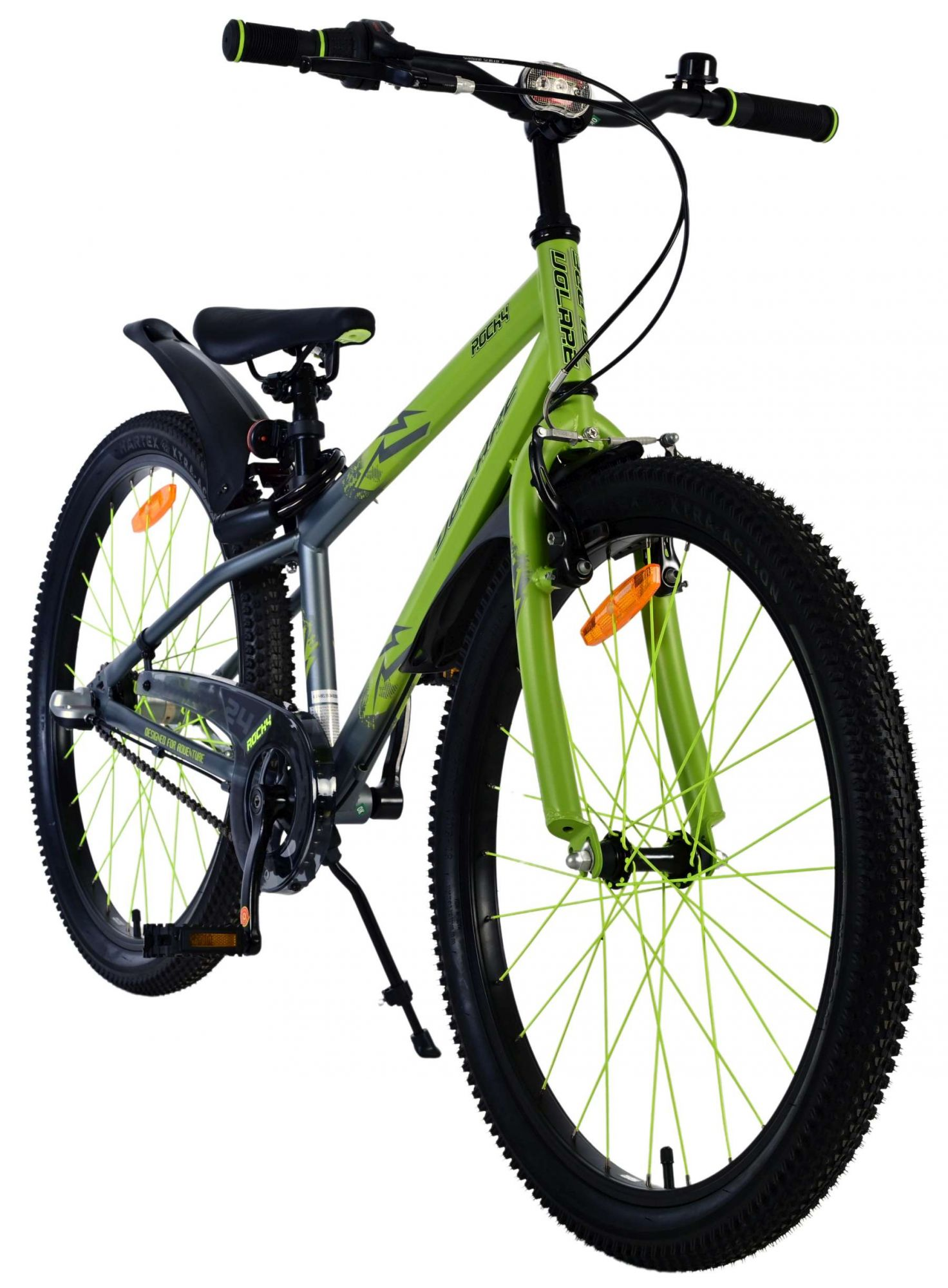 Grünes und graues Mountainbike, Vorderansicht. Schwarze Reifen, grüne Akzente.