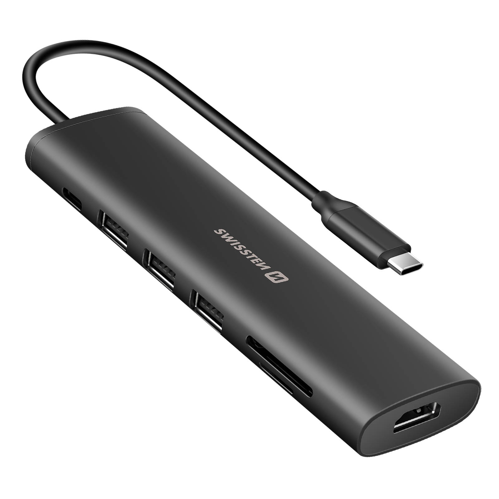 Adattatore multiporta nero con diverse porte e cavo USB-C. Sfondo bianco.