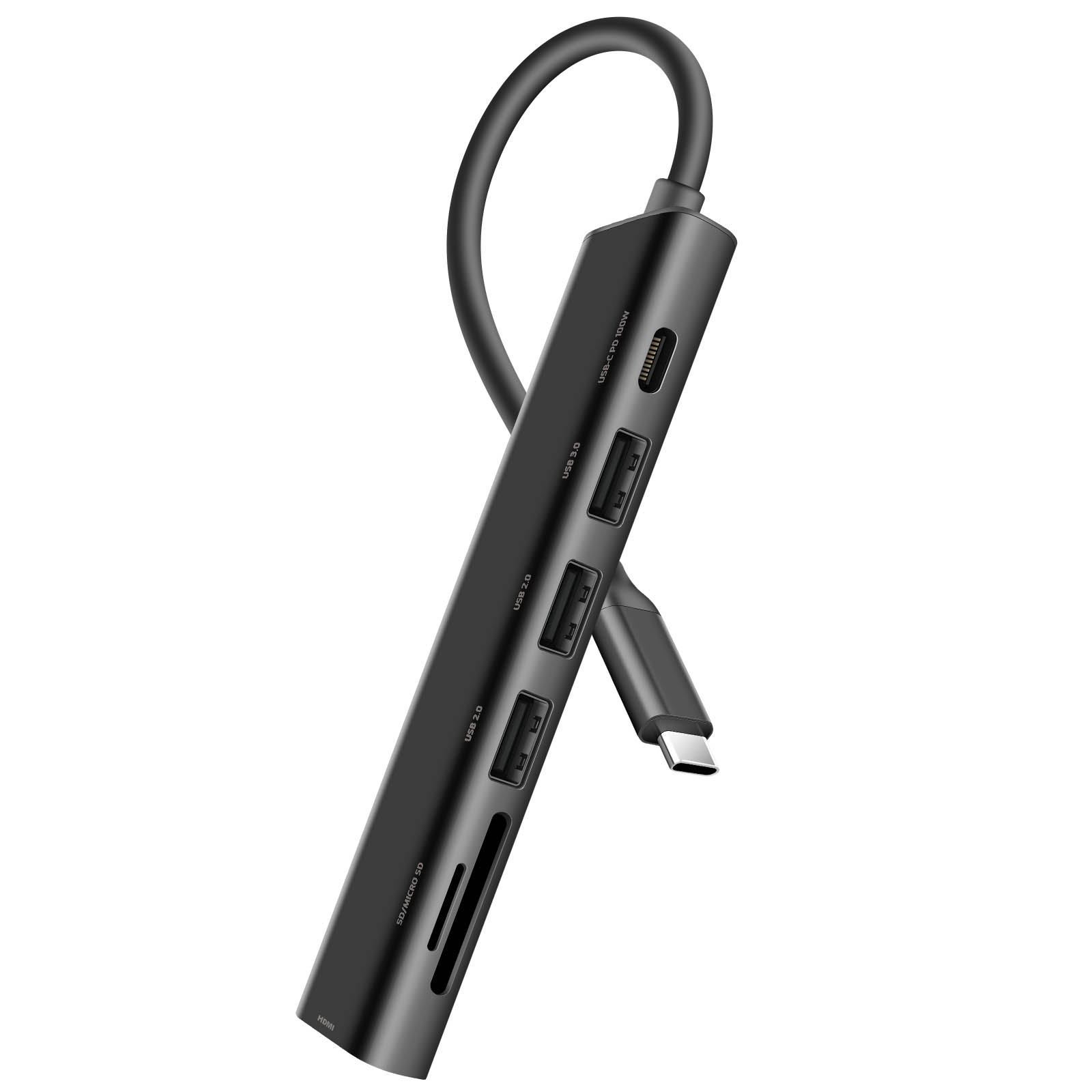 Hub USB-C nero con porte. Include USB 3.0, 2.0, slot per schede SD e connettore USB-C.