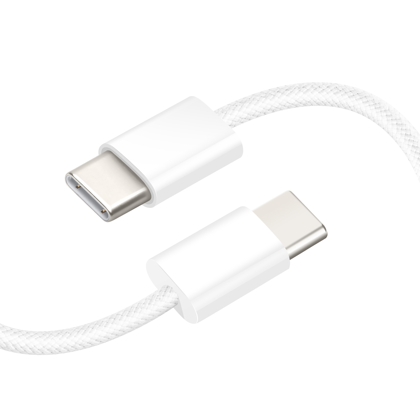 Due cavi USB-C bianchi con connettori. Sono su uno sfondo bianco.