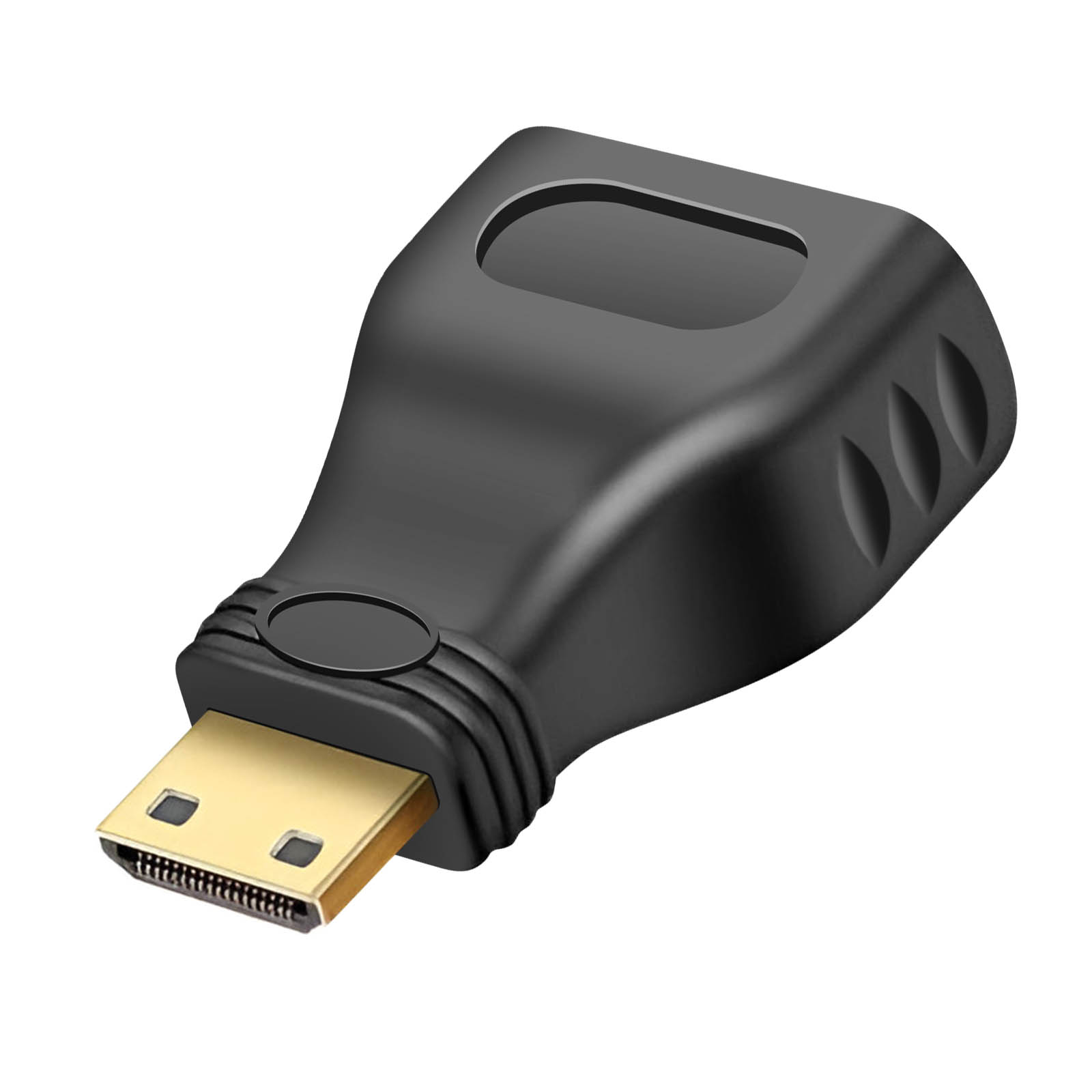 Un adattatore da HDMI a DisplayPort nero con un connettore HDMI color oro.