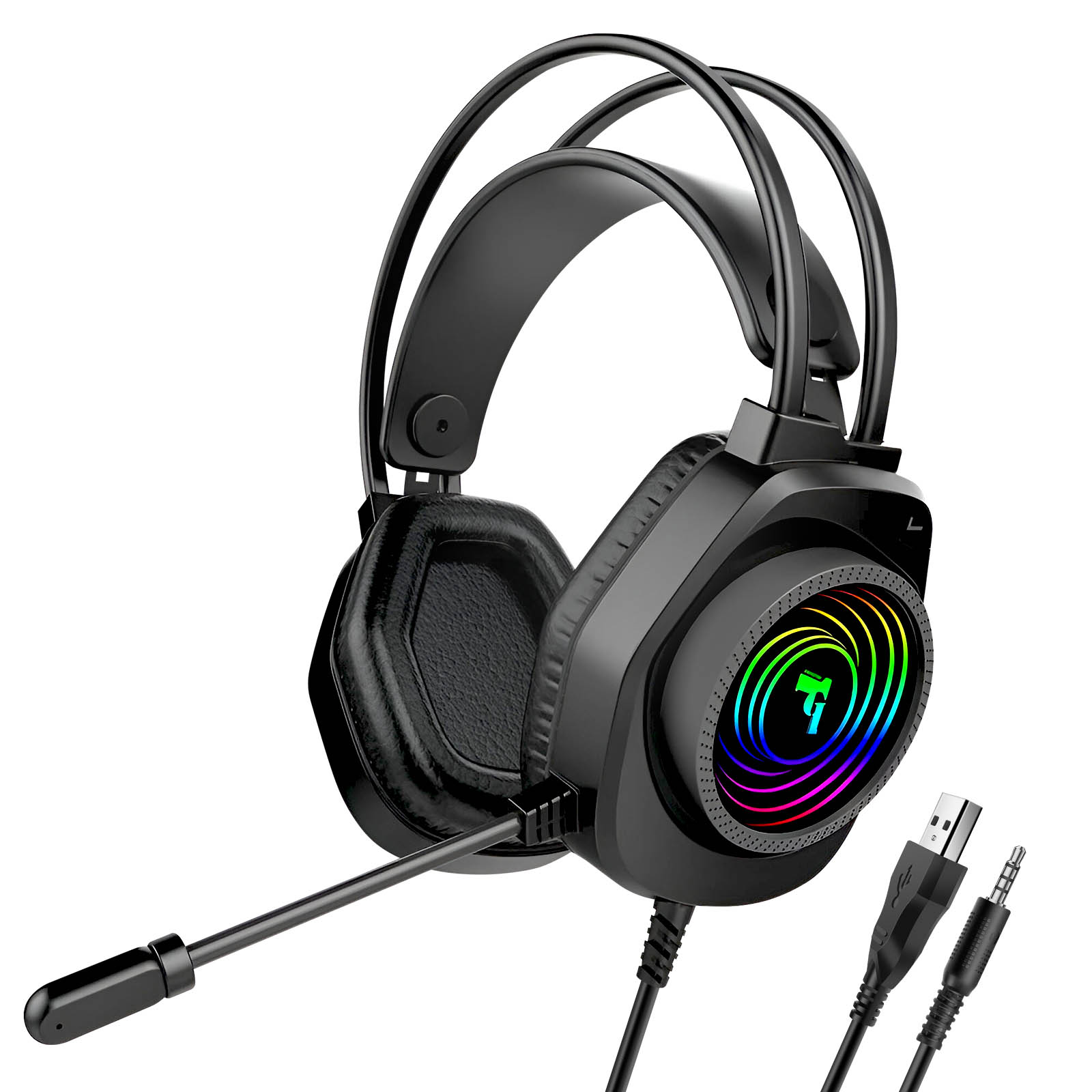 Cuffie da gioco nere con luci arcobaleno sul padiglione auricolare e un microfono.