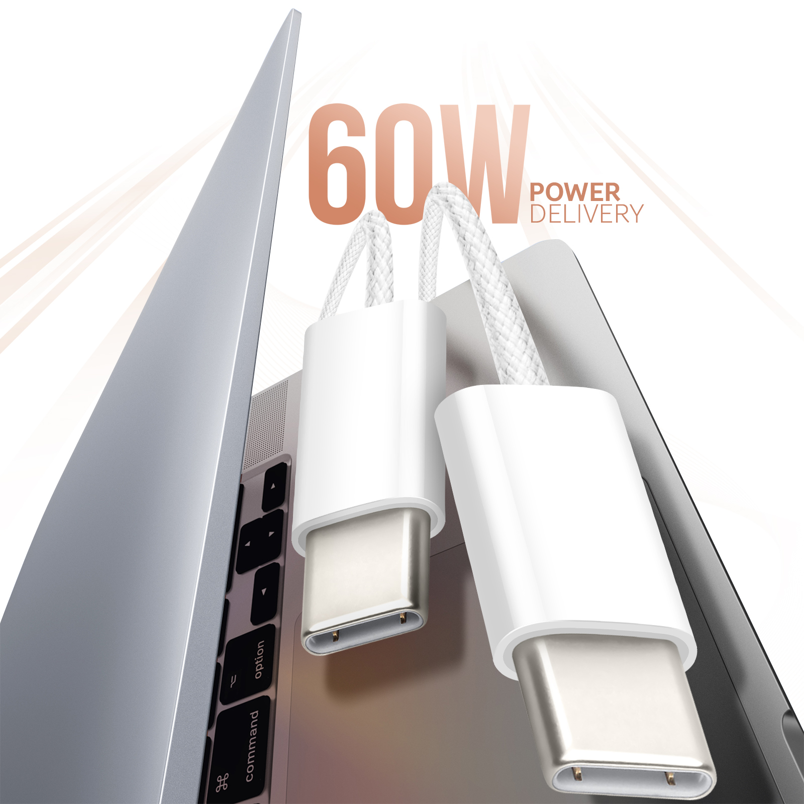 Cavi USB-C bianchi collegati a un laptop argentato. Bagliore arancione sullo sfondo.